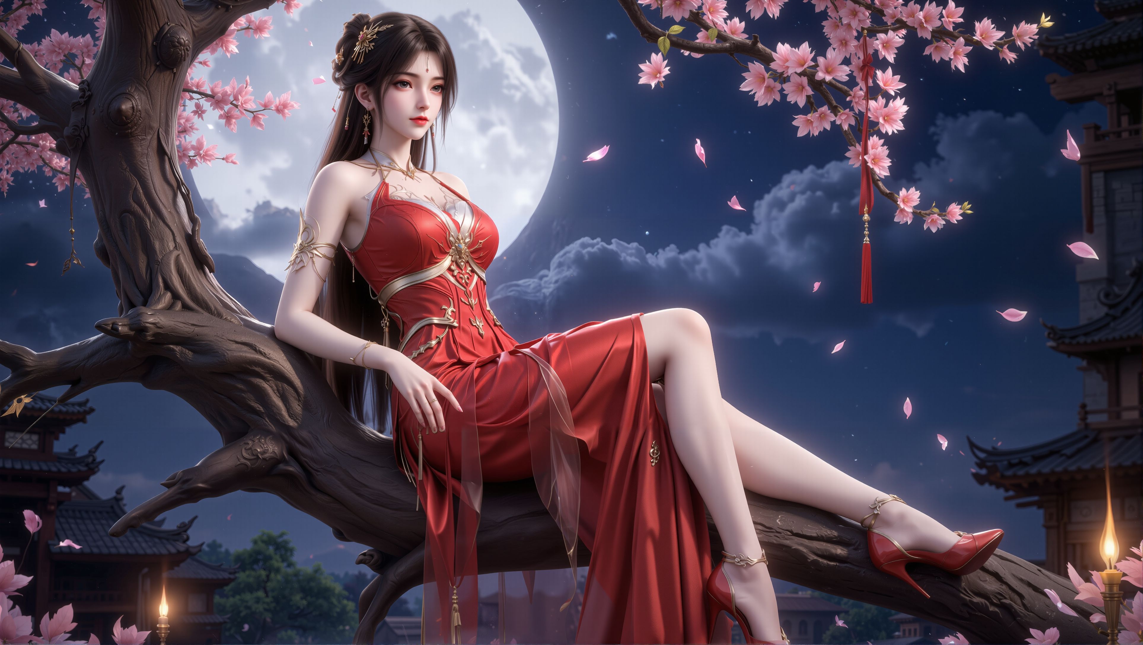 红装火灵儿月下独美。国漫女神 壁纸 完美世界,第3张