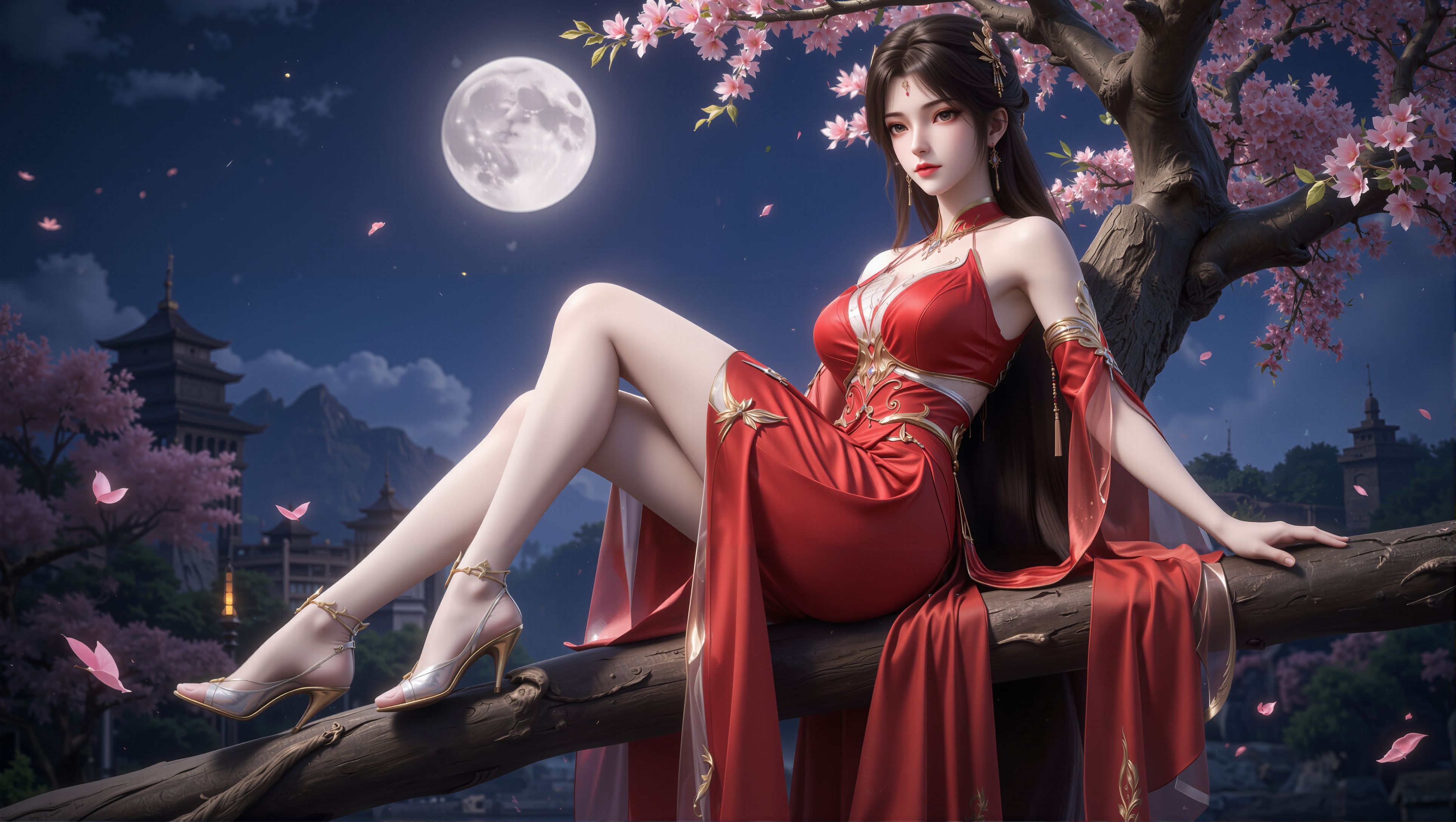 红装火灵儿月下独美。国漫女神 壁纸 完美世界,第2张