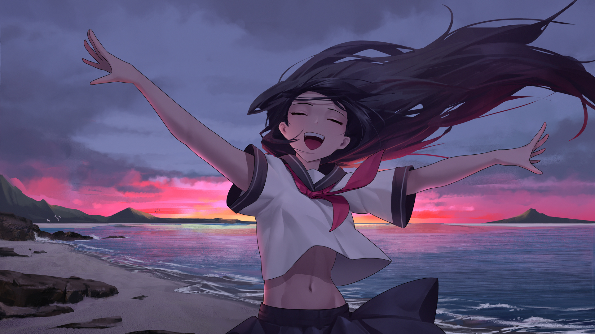 在海滩上快乐的动漫女孩,第1张