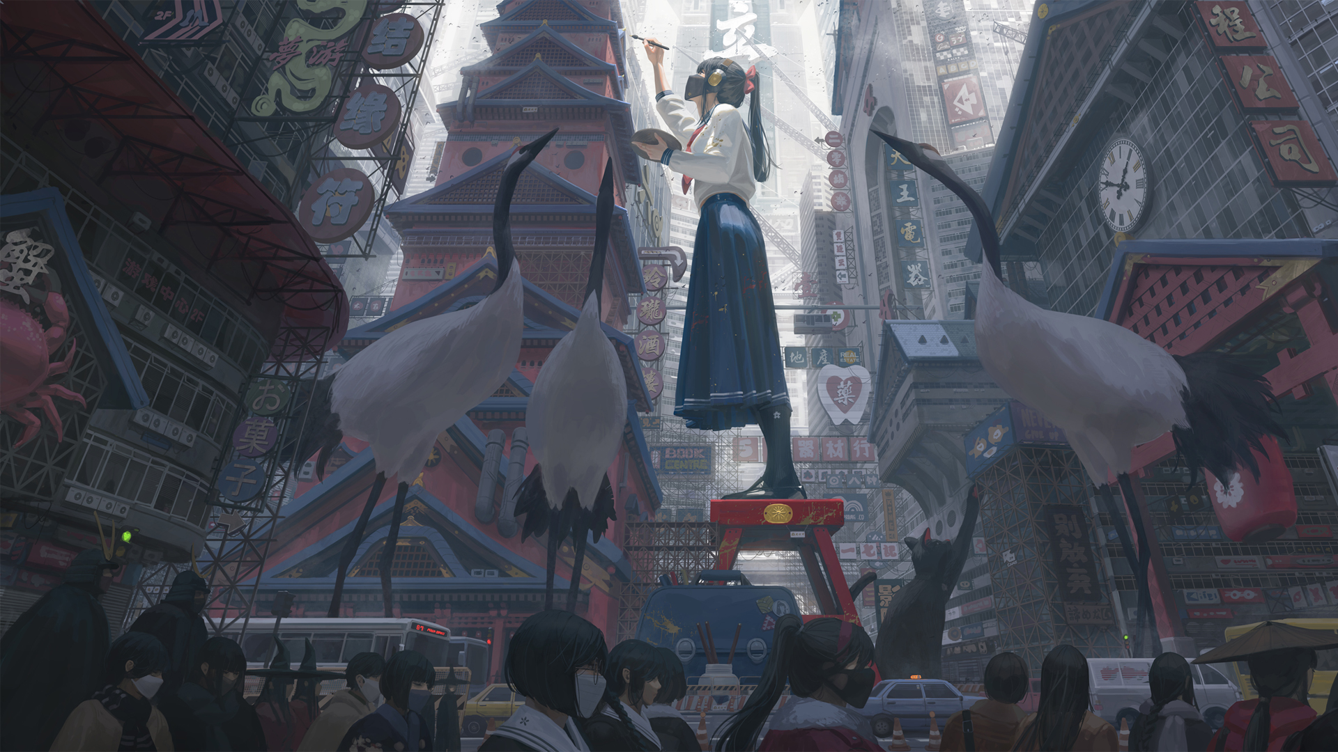 女孩 绘画 仙鹤 行人 街景 动漫桌面壁纸,第1张 女孩 绘画 仙鹤 行人 街景 动漫桌面壁纸,第1张