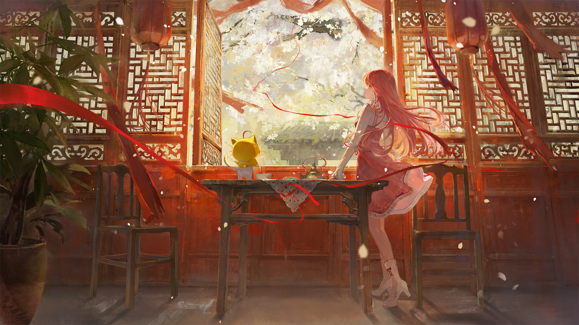 唯美国风 少女 红色裙子 房间 桌子 灯笼 窗 动漫壁纸,第1张