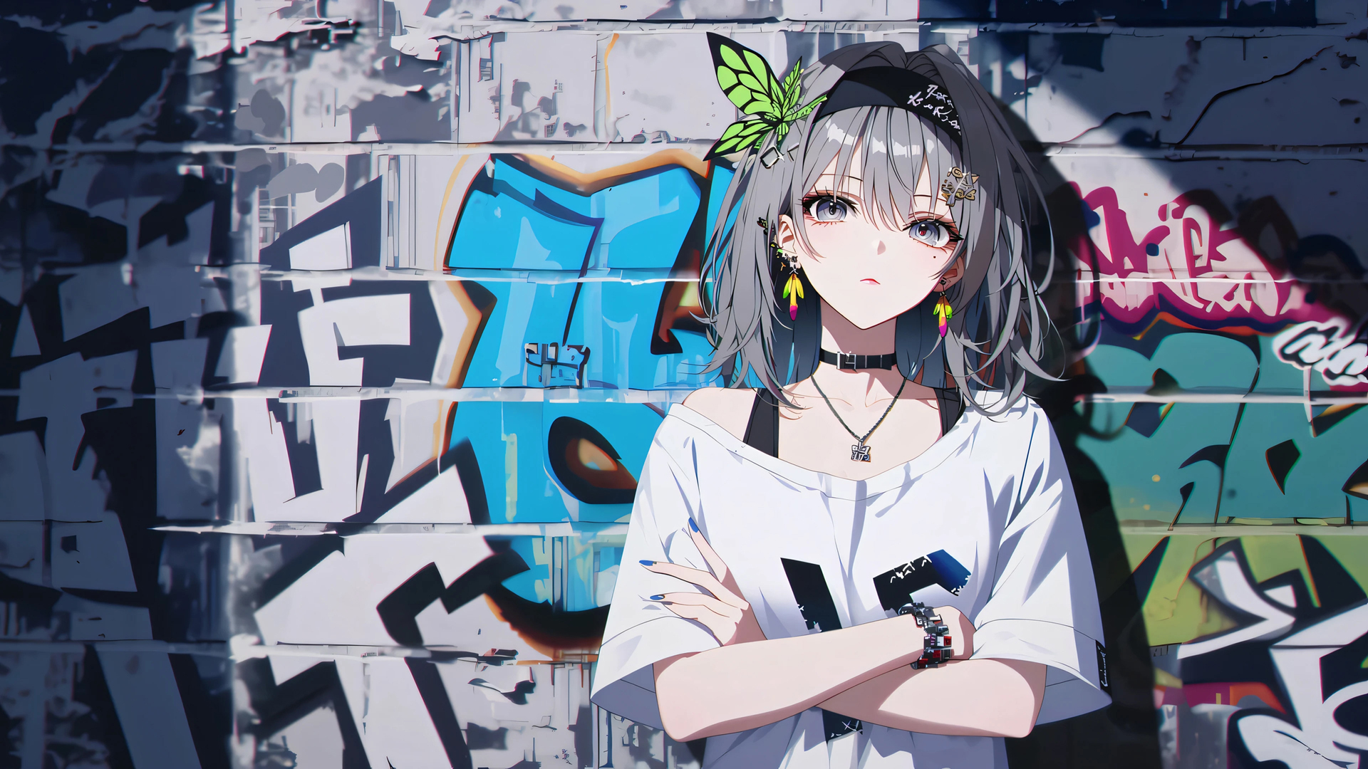 个性少女 涂鸦墙背景图片 潮流桌面壁纸,第1张