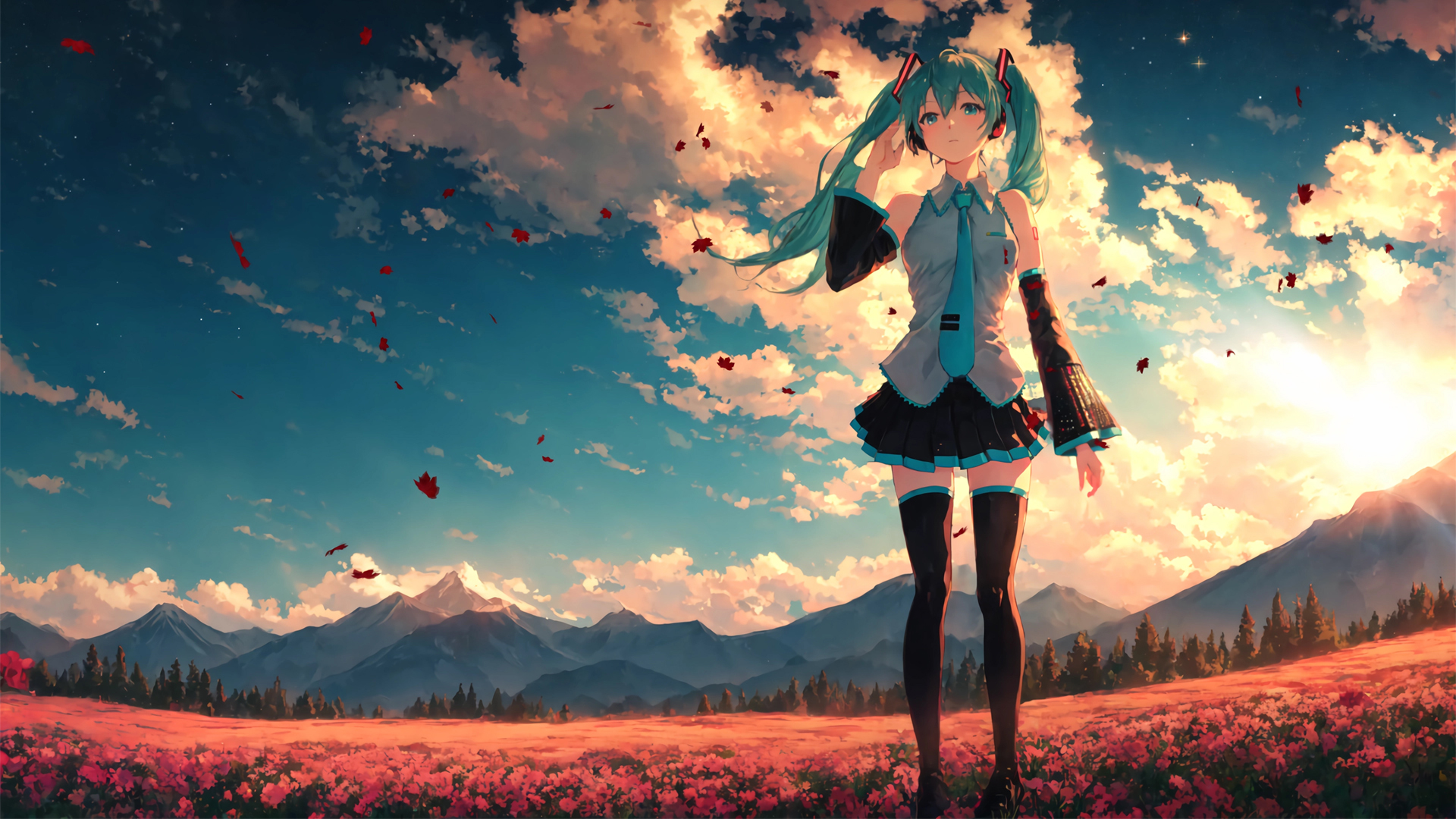 初音未来 二次元 黄昏的天空 桌面壁纸,第1张