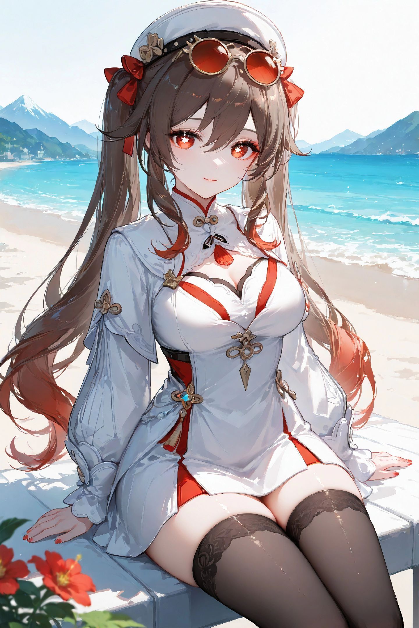 海边 二次元少女 女孩【原神 胡桃】黑丝美腿 丝袜,第1张