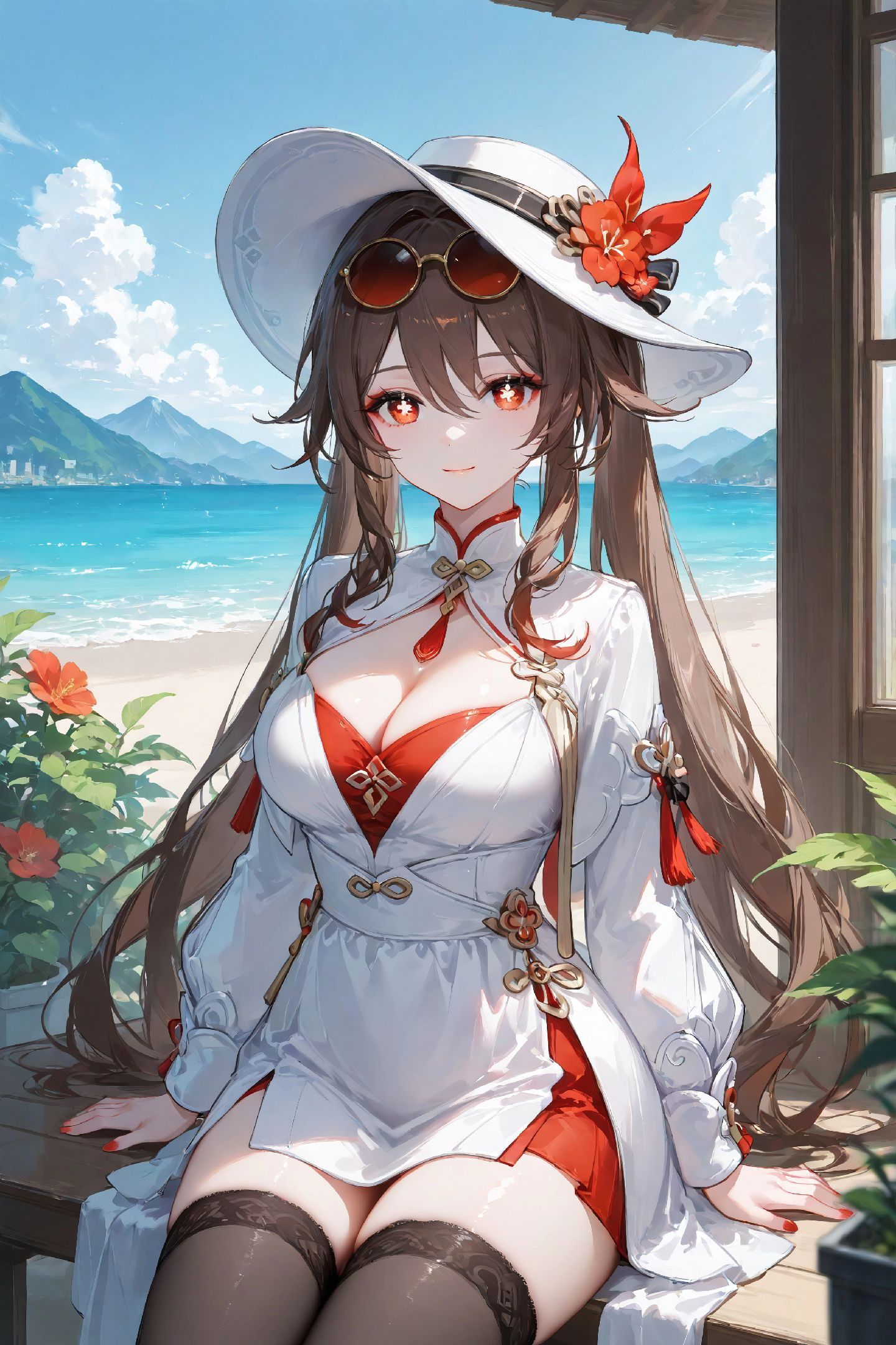 海边 二次元少女 女孩【原神 胡桃】黑丝美腿 丝袜,第3张