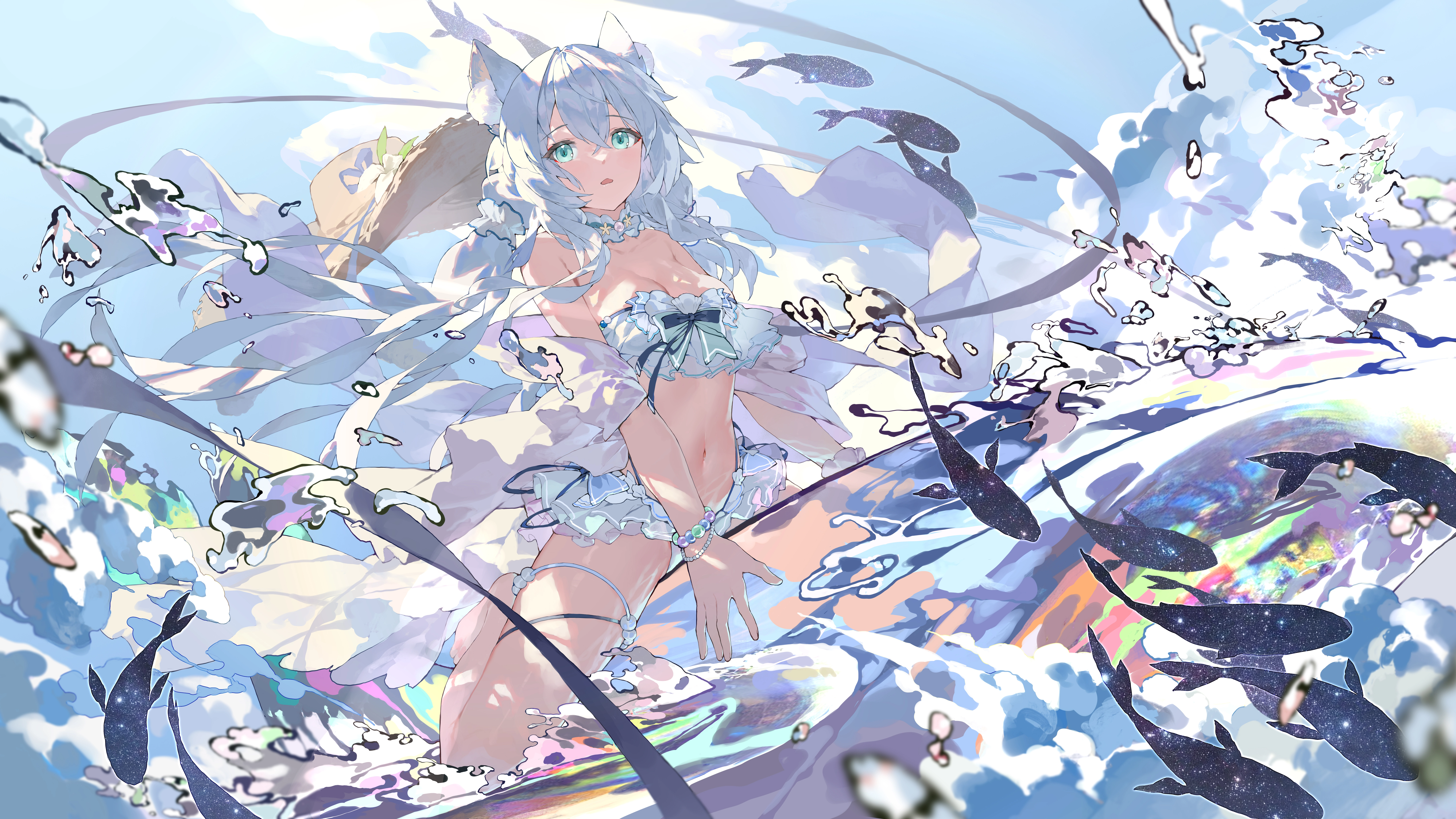 水蓝色眼睛 比基尼 蝴蝶结 云 鱼 灰色头发 帽子 长发 肚脐 蝴蝶结 裙子 天空 泳衣,第1张