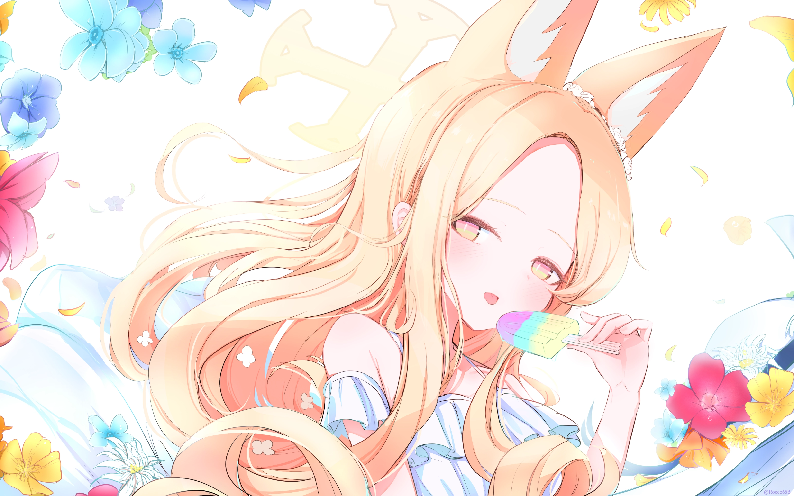 动物耳 金发 脸红 近花 狐狸女孩 光环 长发 花瓣 粉色眼睛 冰棒,第1张