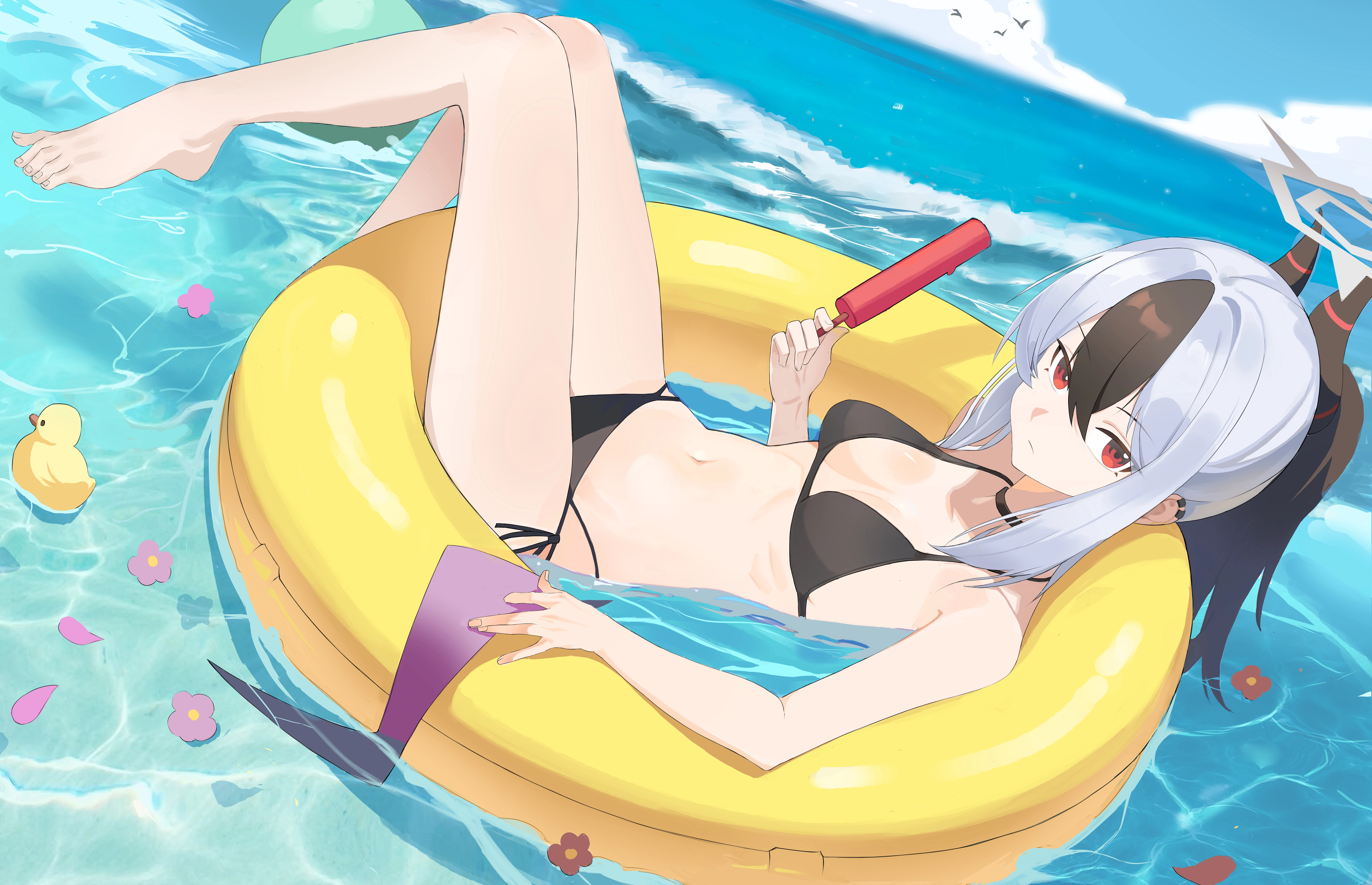 球 赤脚 比基尼 项圈 云 花朵 光环 长发 花瓣 马尾 冰棒 红眼睛 橡皮鸭 阴影 天空 泳圈 泳衣 水,第1张