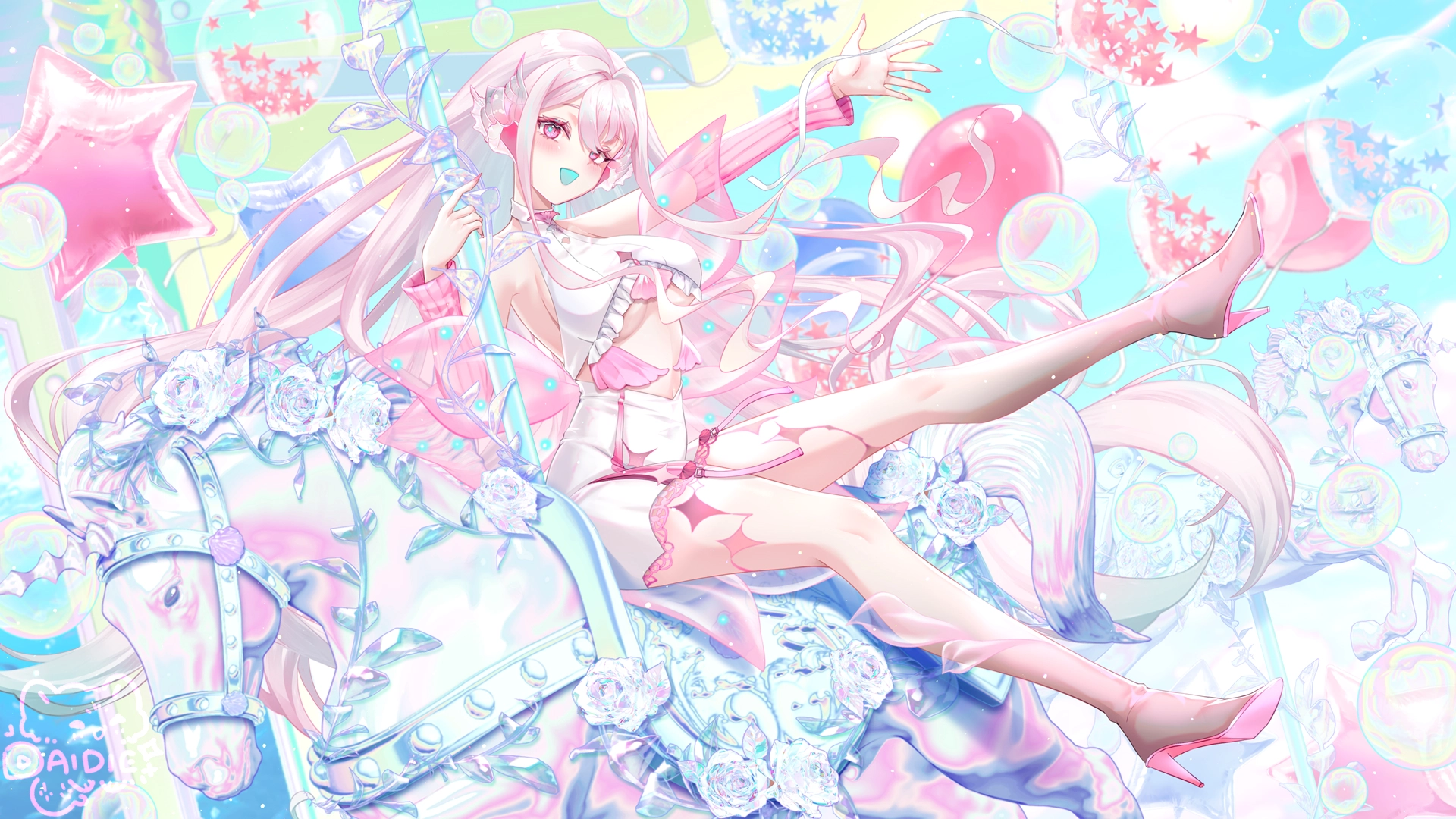 脸红 泡泡 云 裙子 长发 粉色眼睛 粉色头发 签名,第1张