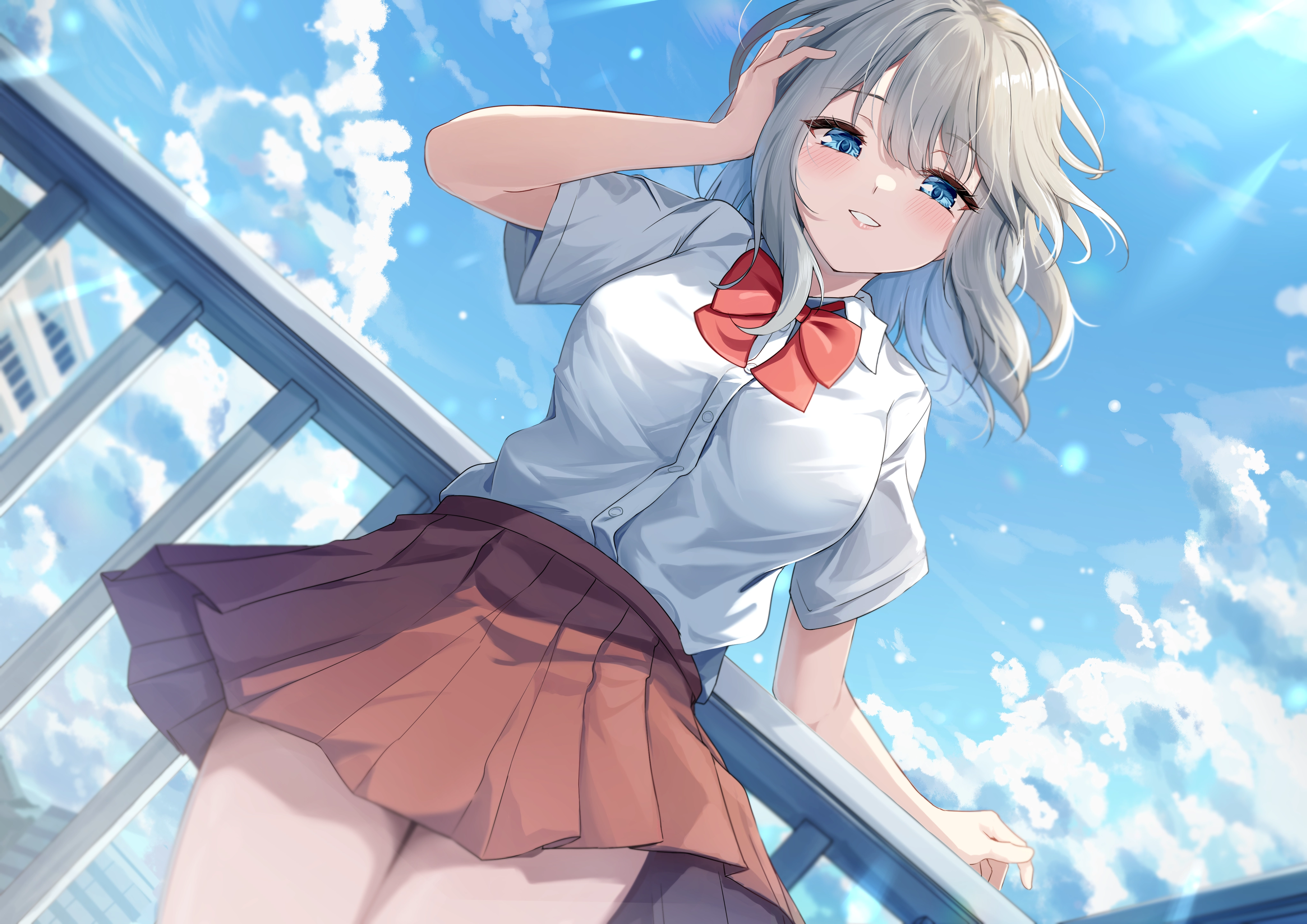 蓝眼睛 脸红 灰发 长发 屋顶 校服 裙子 天空,第1张