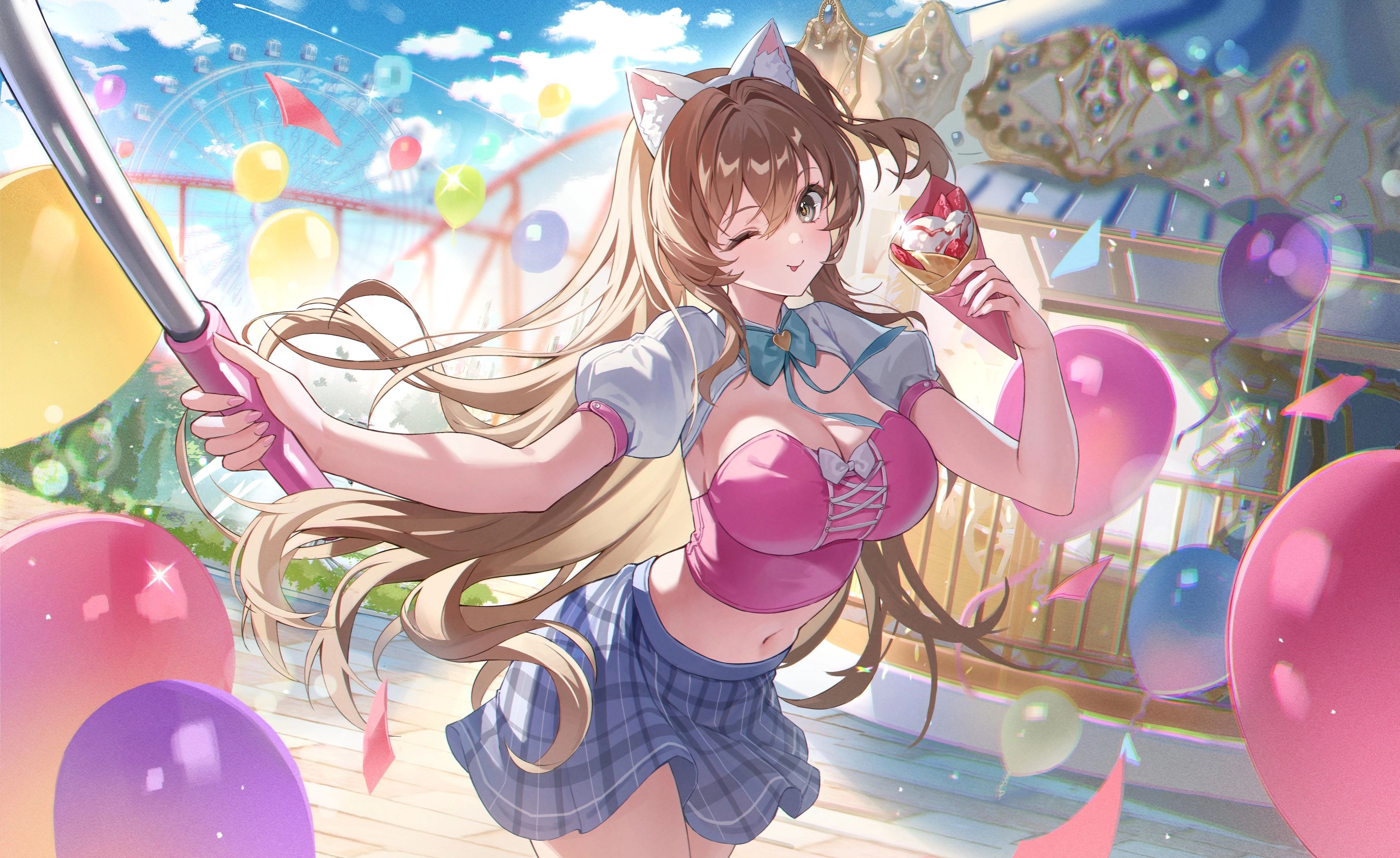 褐色眼睛 棕色头发 云 水果 头带 冰淇淋 长发 肚脐 公园 马尾 天空 草莓 眨眼,第1张