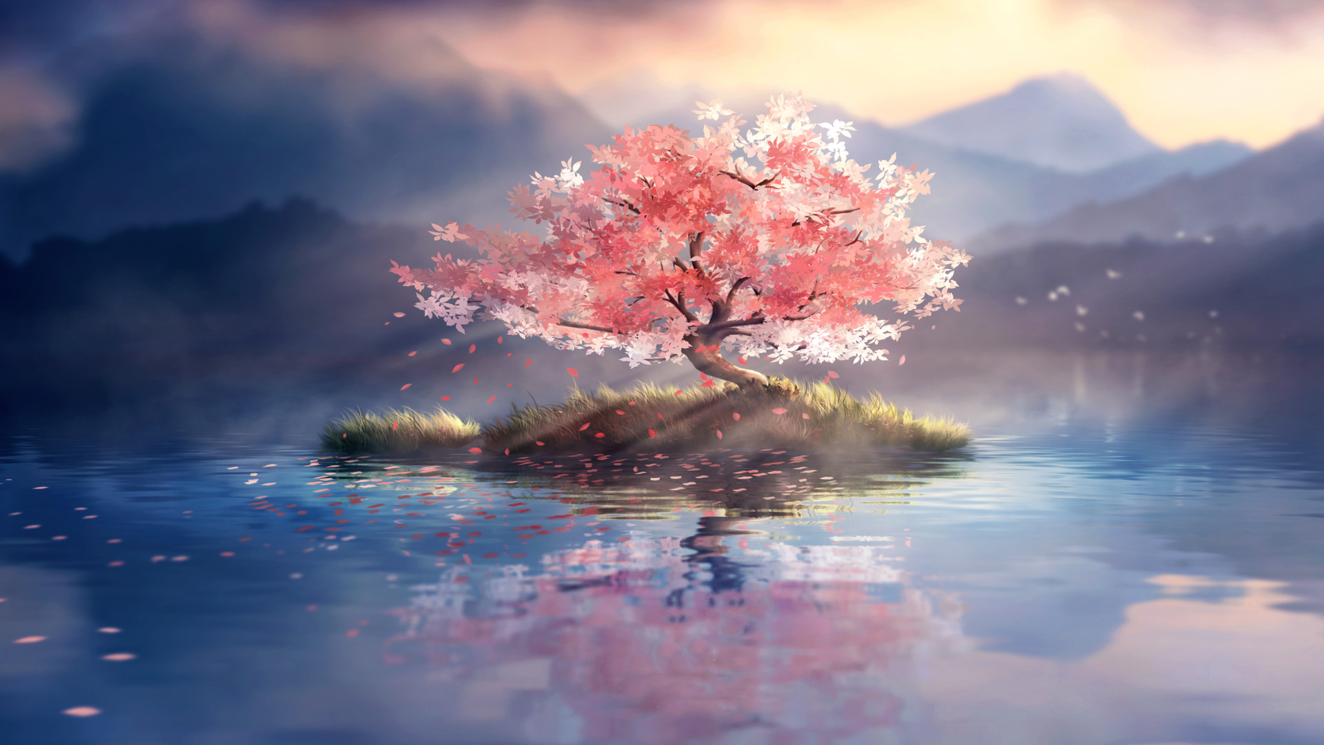 孤独的树 唯美 湖水 中央 倒影 山 风景壁纸,第1张