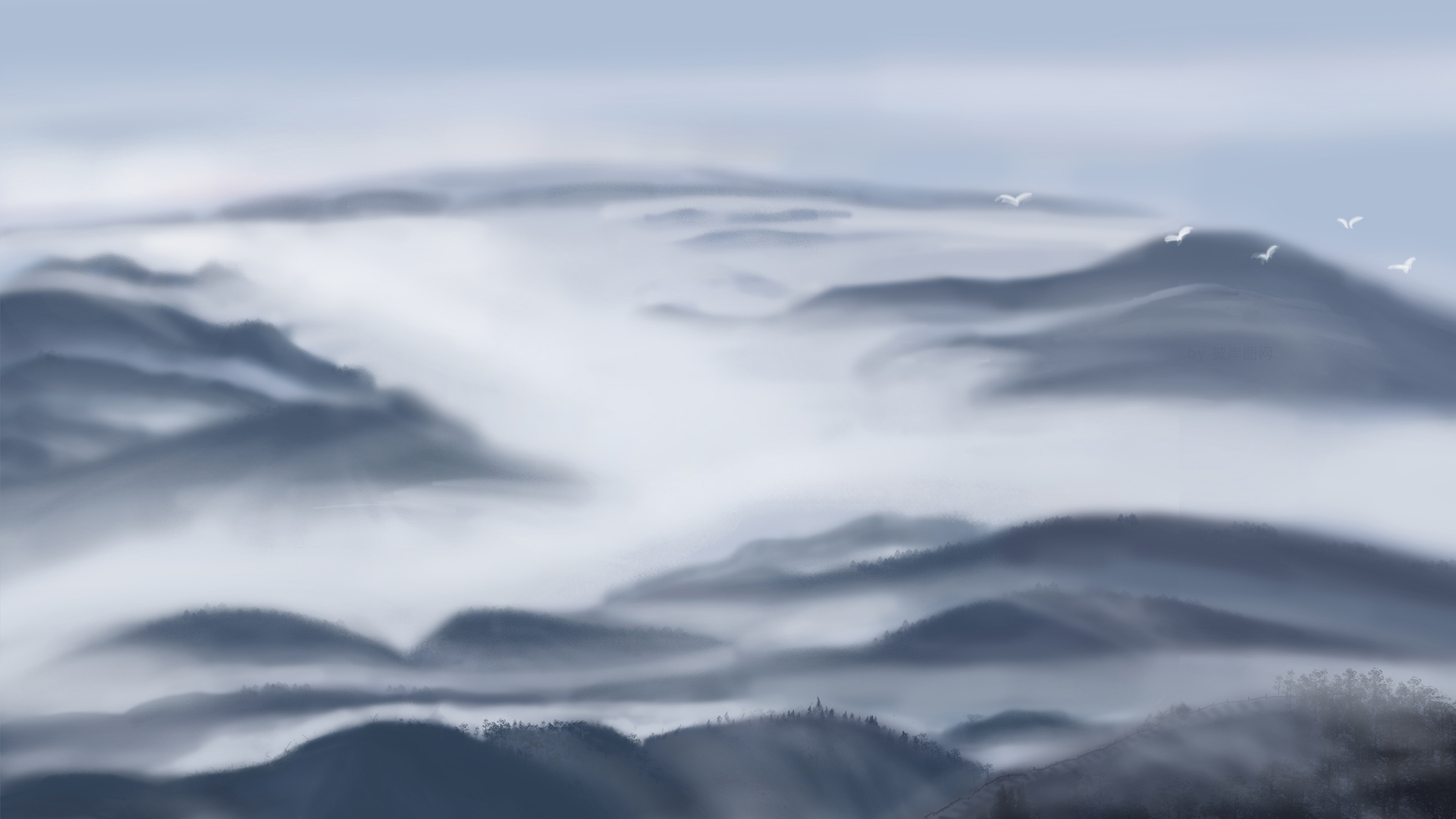 山峦 风景 云端 仙境 水墨画 高清 壁纸,第1张