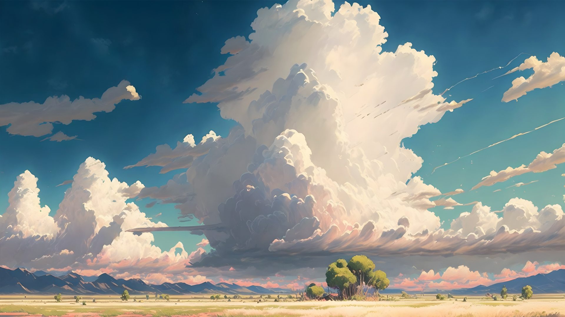 天空 云 树 草地 风景 绘画 电脑壁纸,第1张