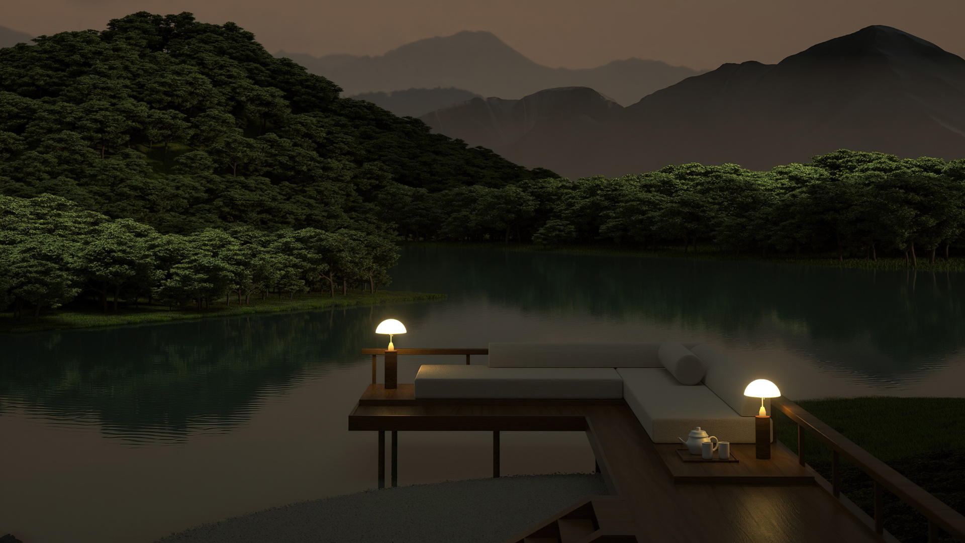 湖畔 度假 晚上 风景壁纸,第1张