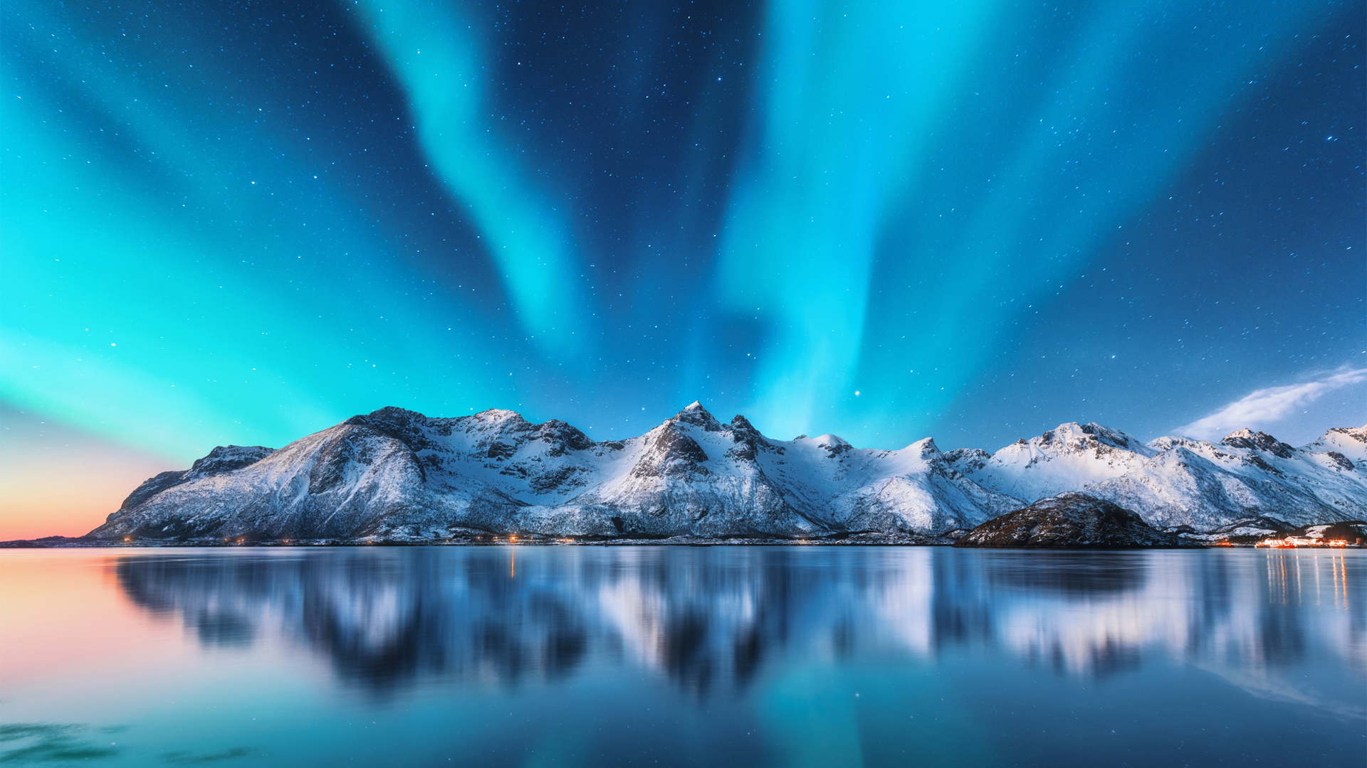 蓝色极光星空湖水雪山风景壁纸,第1张