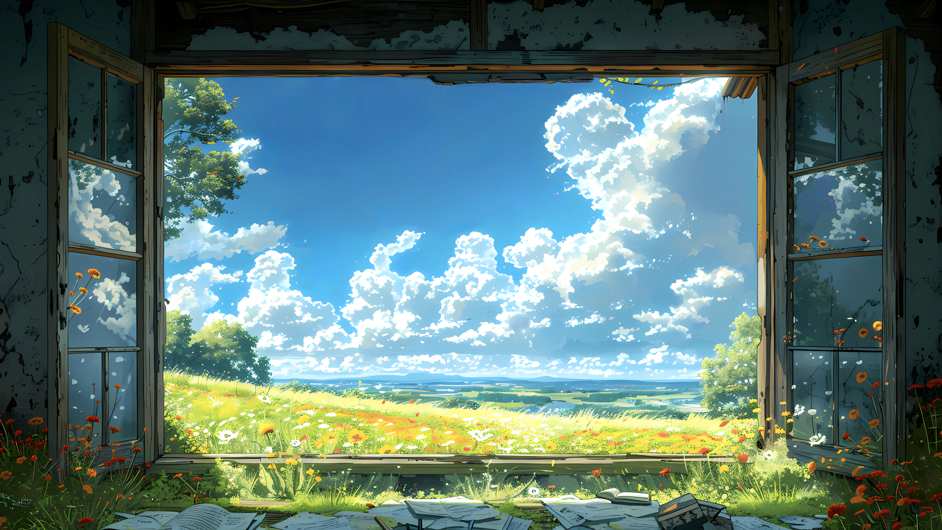 晴川万里 蓝天 白云 鲜花 树 风景桌面壁纸,第1张