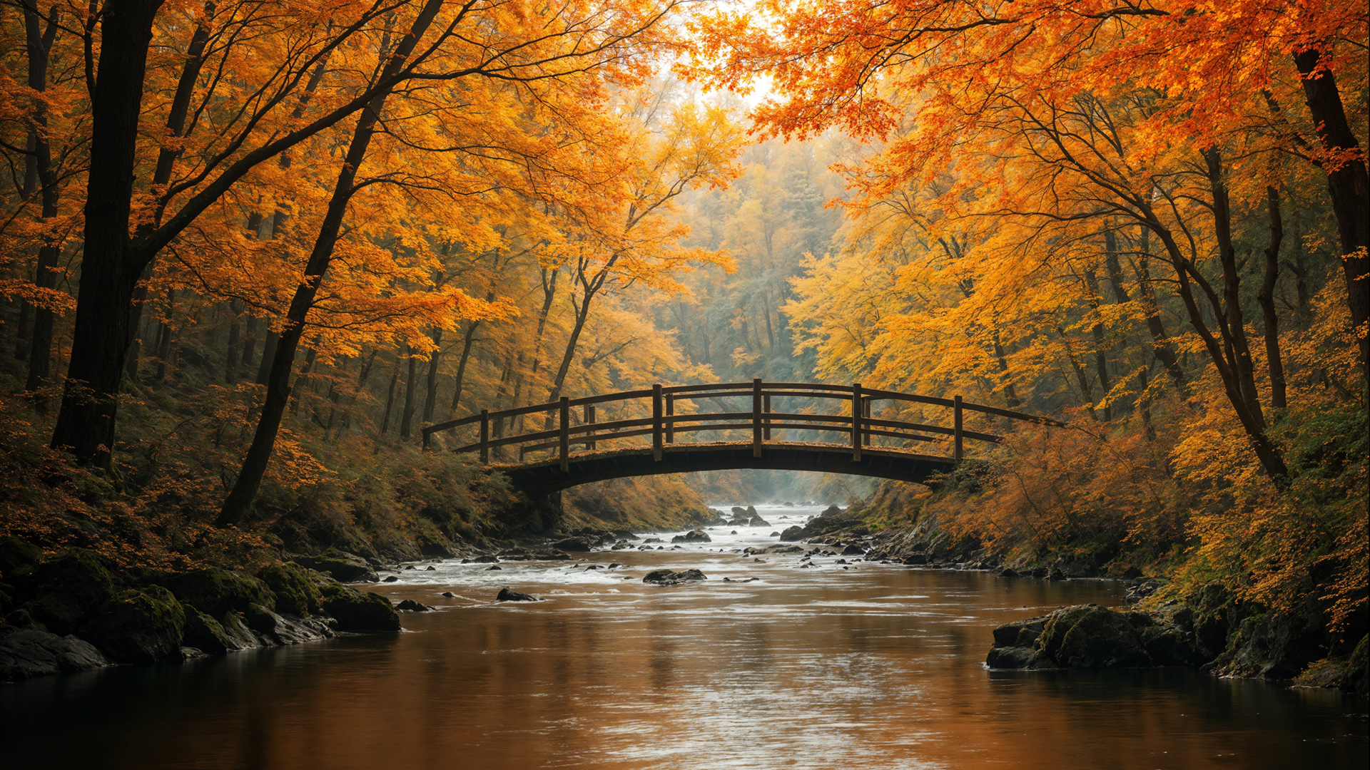 秋天小桥流水风景桌面壁纸,第1张