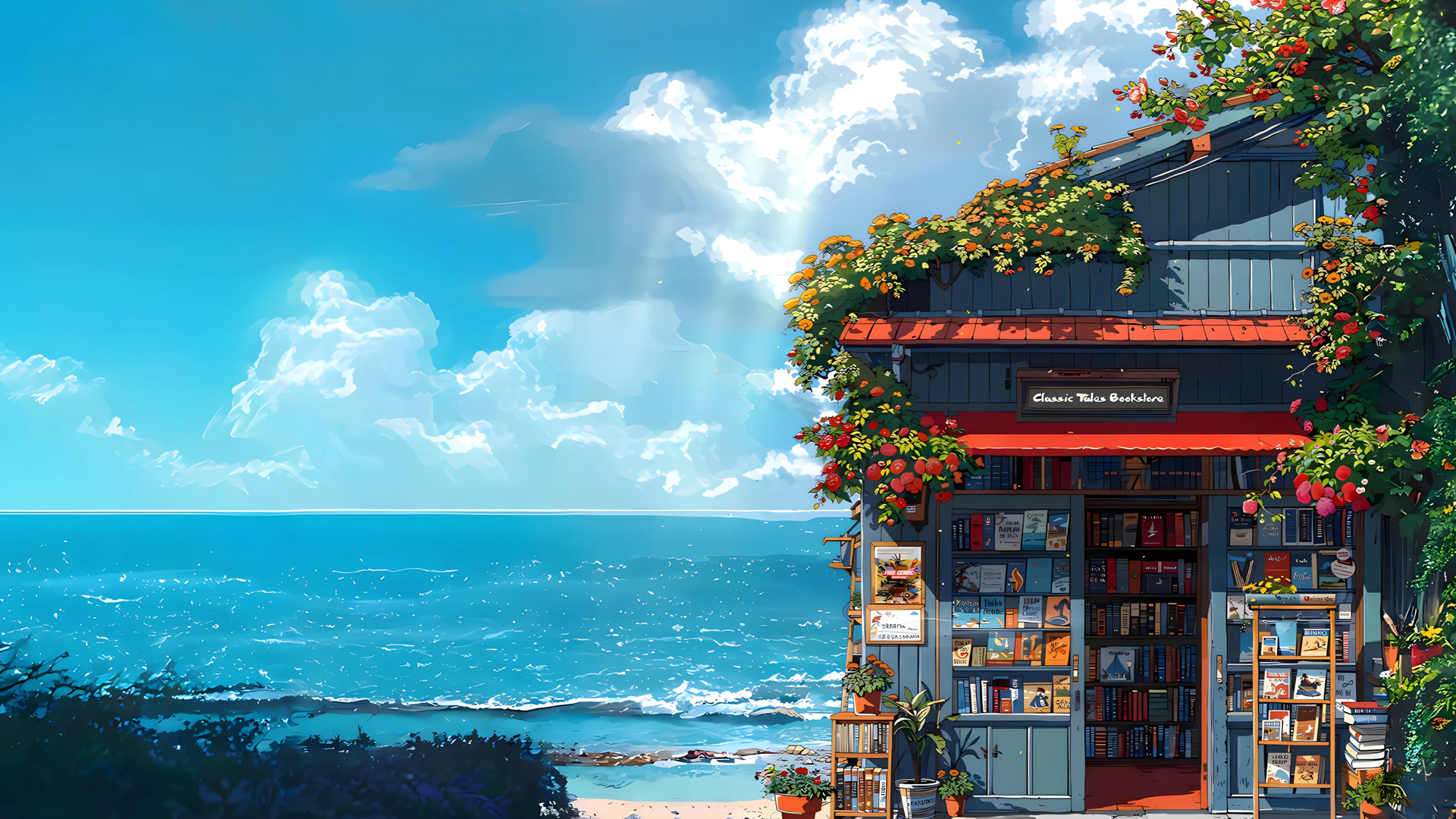 海景 小屋 书店 风景桌面壁纸,第1张