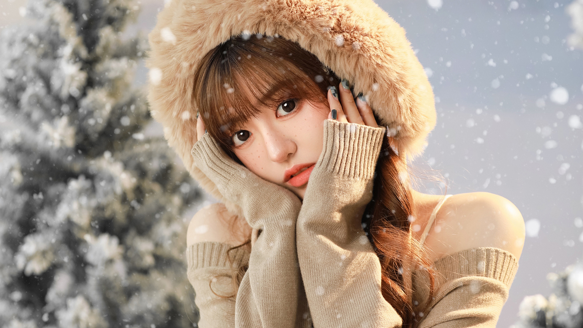 可爱圣诞美女 帽子 毛衣 雪花 高清 电脑壁纸,第1张