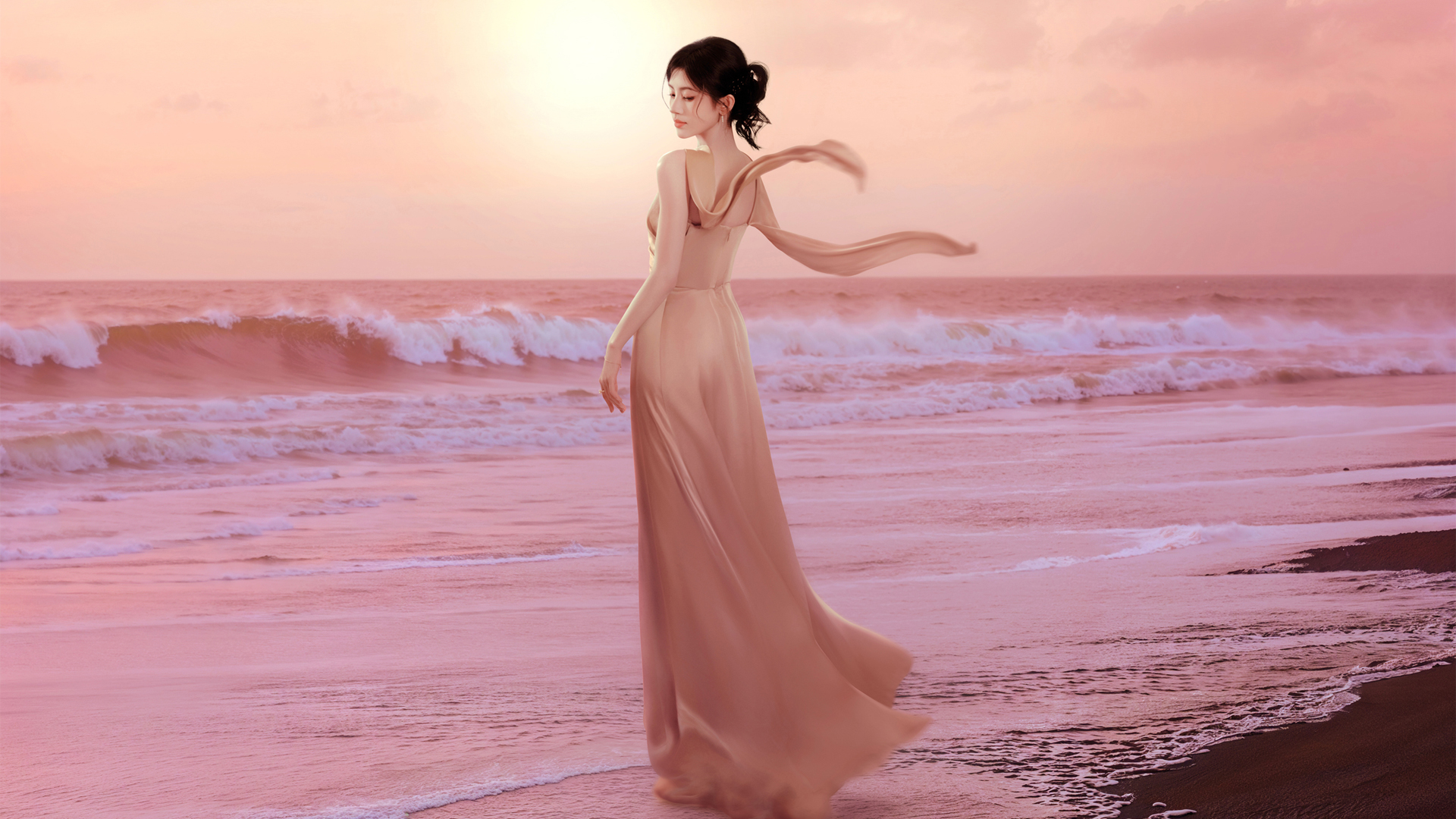 鞠婧祎 海边 海滩 优雅唯美美女桌面壁纸,第1张