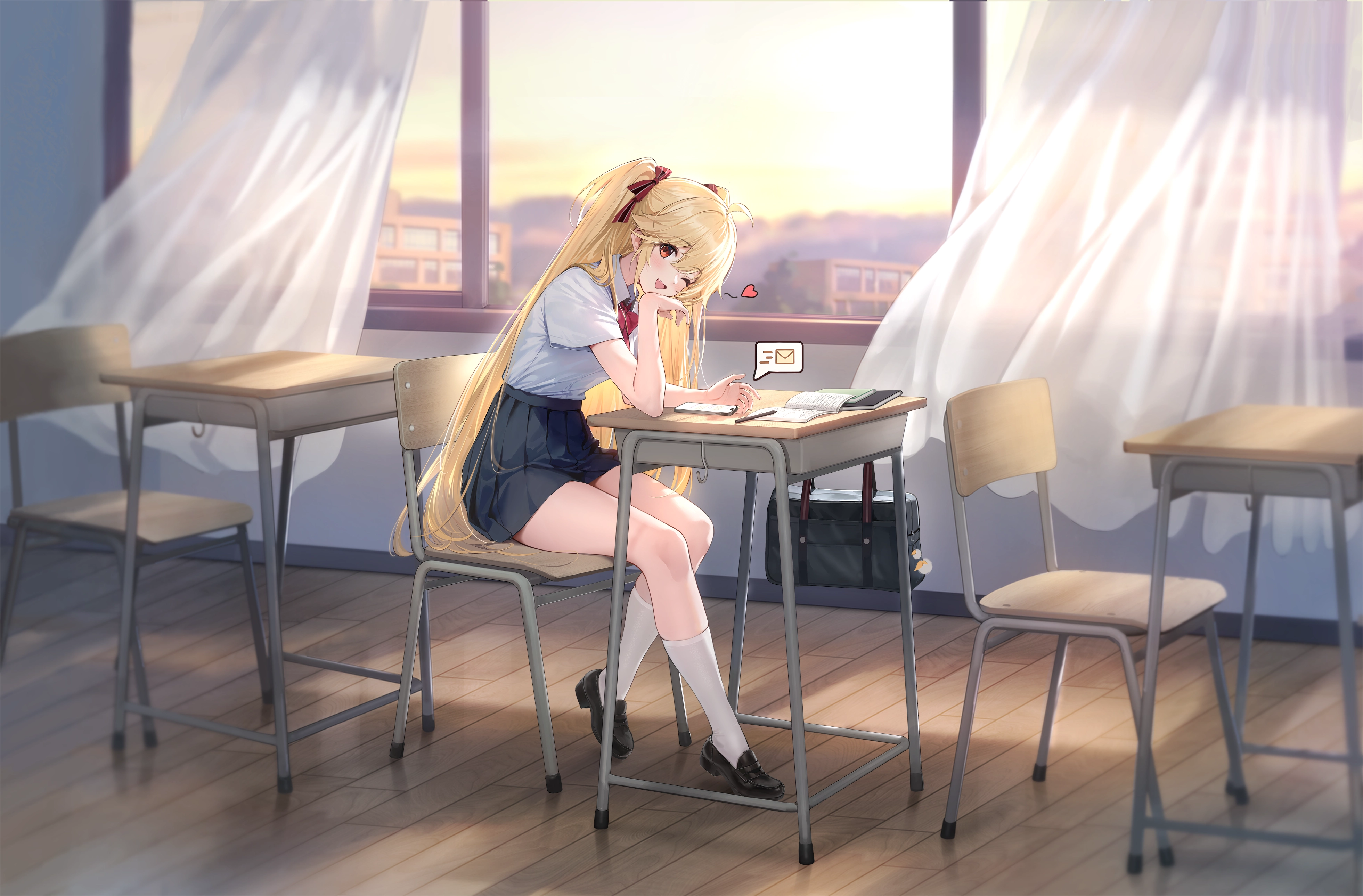 金色头发 脸红 书 蝴蝶结 尖牙 过膝袜 长发 手机 红眼睛 衬衫 裙子 日落 双马尾 眨眼,第1张