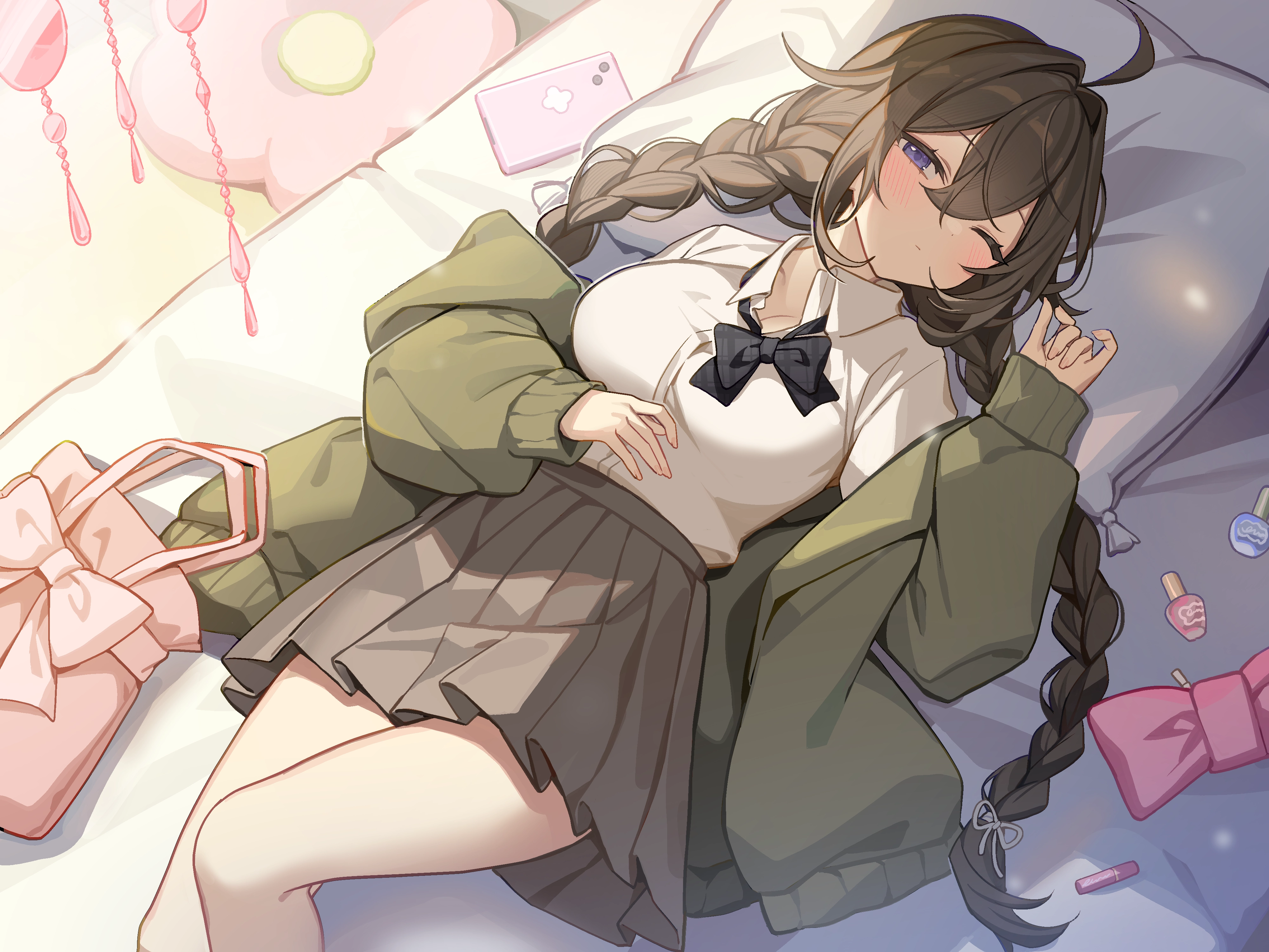 床 蝴蝶结 马尾辫 紫色眼睛 双马尾 眨眼,第1张