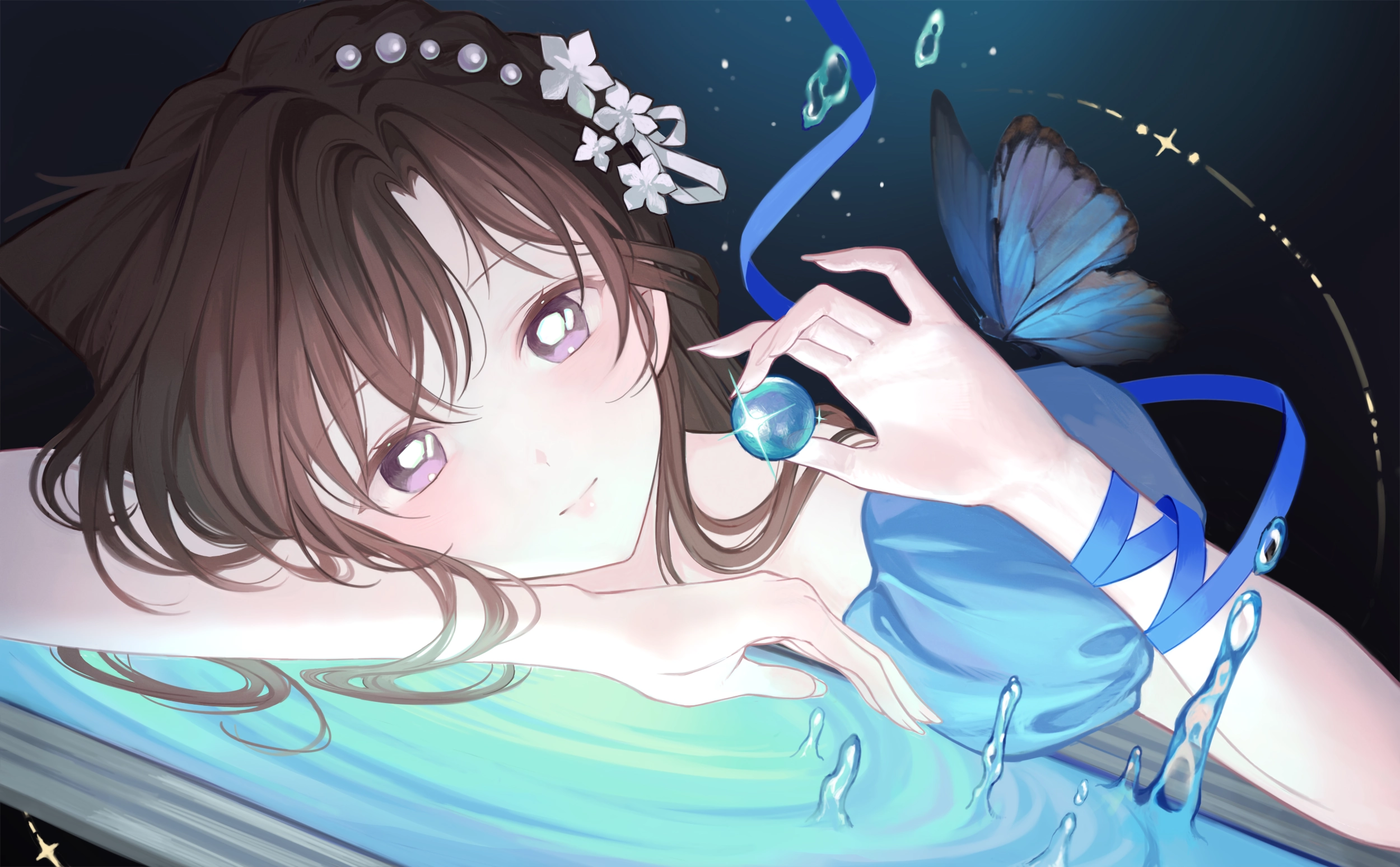 脸红 棕色头发 蝴蝶 长发 紫色眼睛 丝带 水,第1张