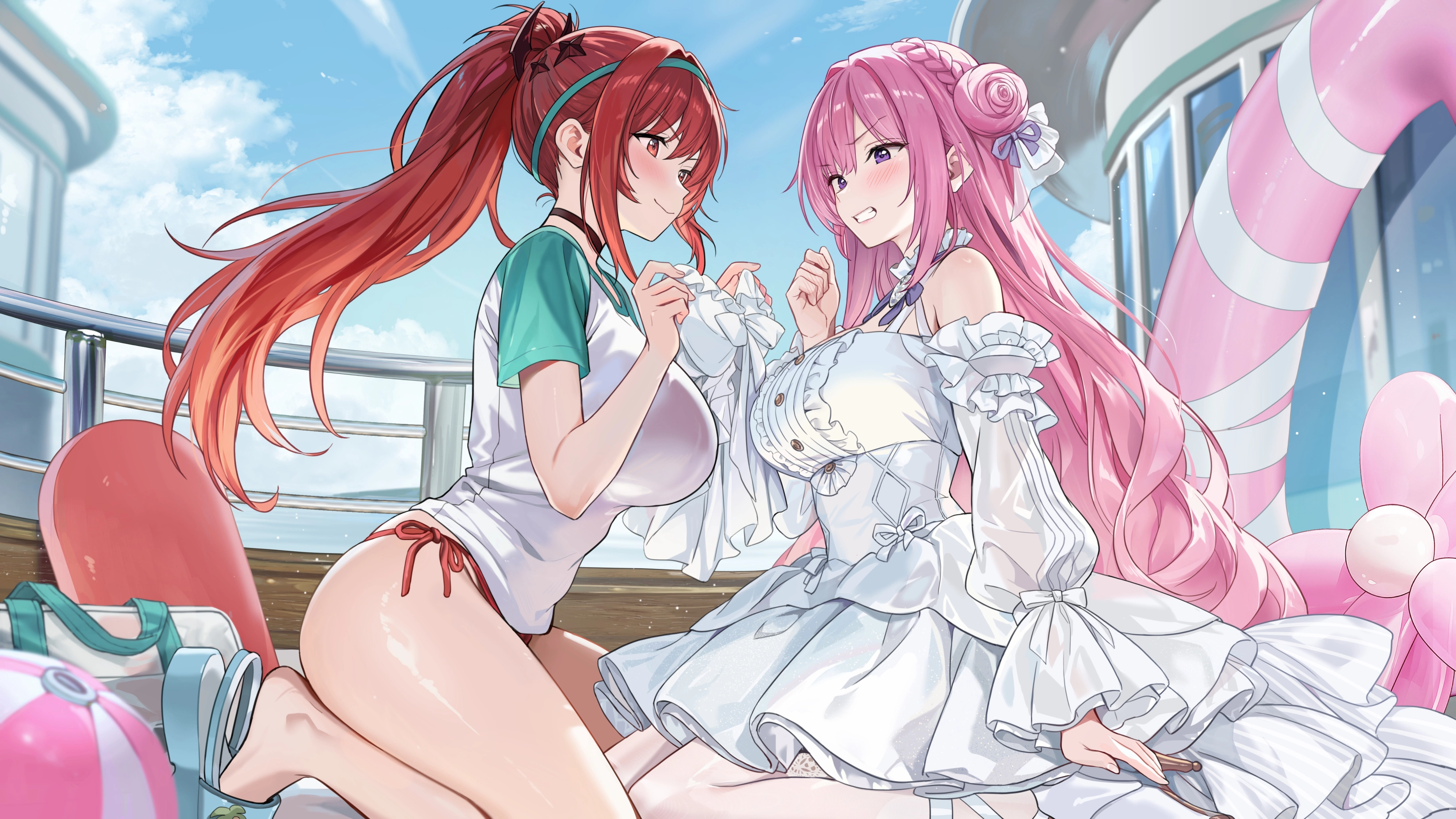 女孩 球 比基尼 脸红 蝴蝶结 头带 长发 粉发 马尾 红眼睛 红发 泳衣,第1张