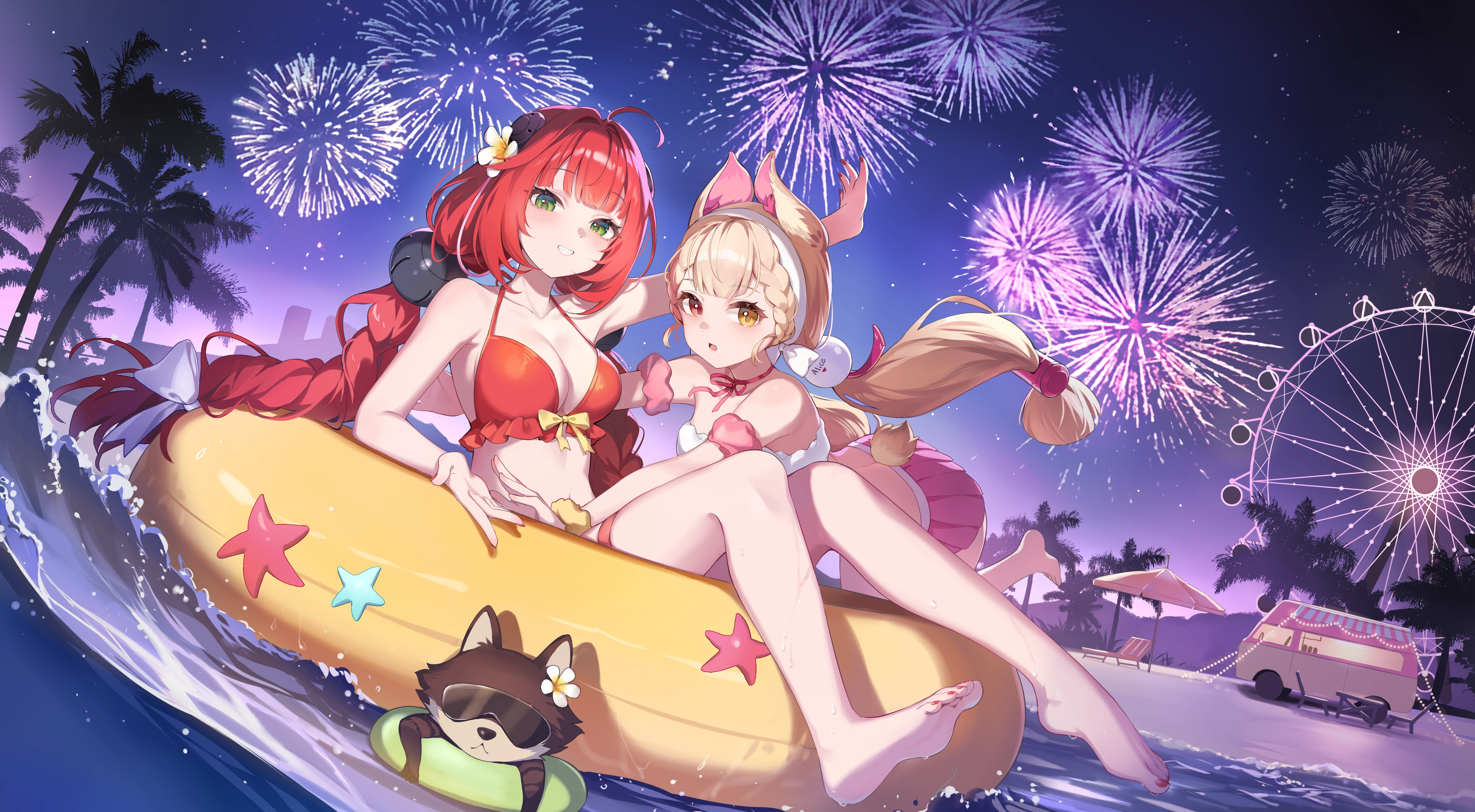 女孩 动物 赤脚 沙滩 比基尼 蝴蝶结 马尾辫 烟花 夜晚 红发 蝴蝶结 裙子 天空 泳衣 尾巴 树 伞 水,第1张