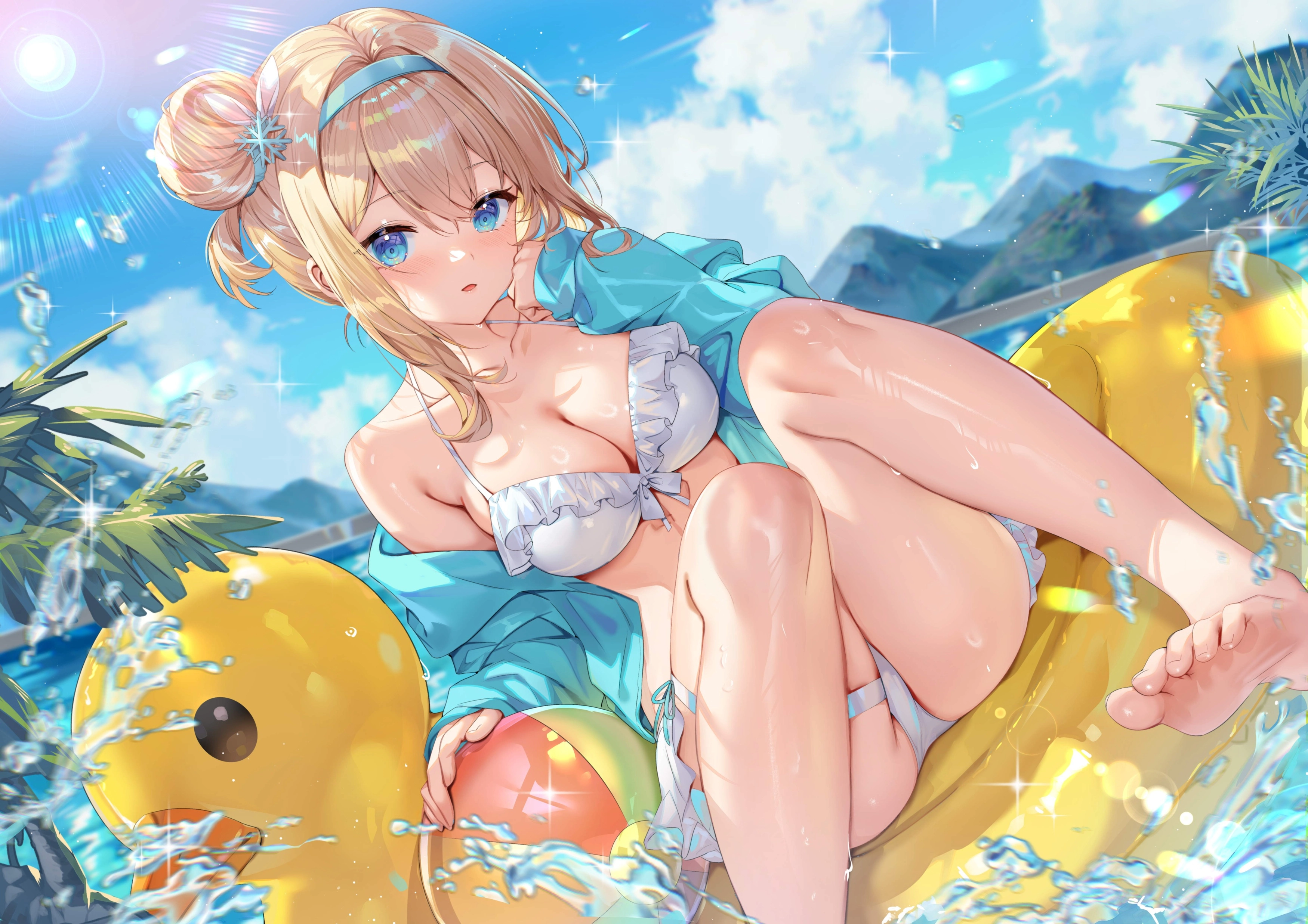 二次元电脑壁纸 赤脚 比基尼 金发 脸红 女孩 头带 泳装,第1张