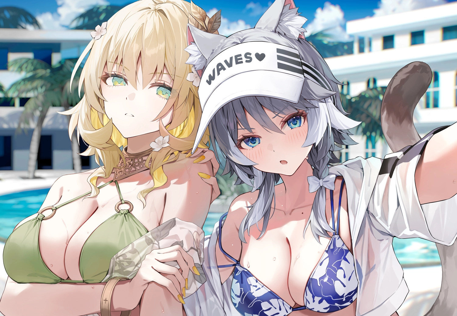 女孩 比基尼 蓝眼睛 脸红 蝴蝶结 马尾辫 猫耳 灰色头发 泳池 天空 泳衣,第1张