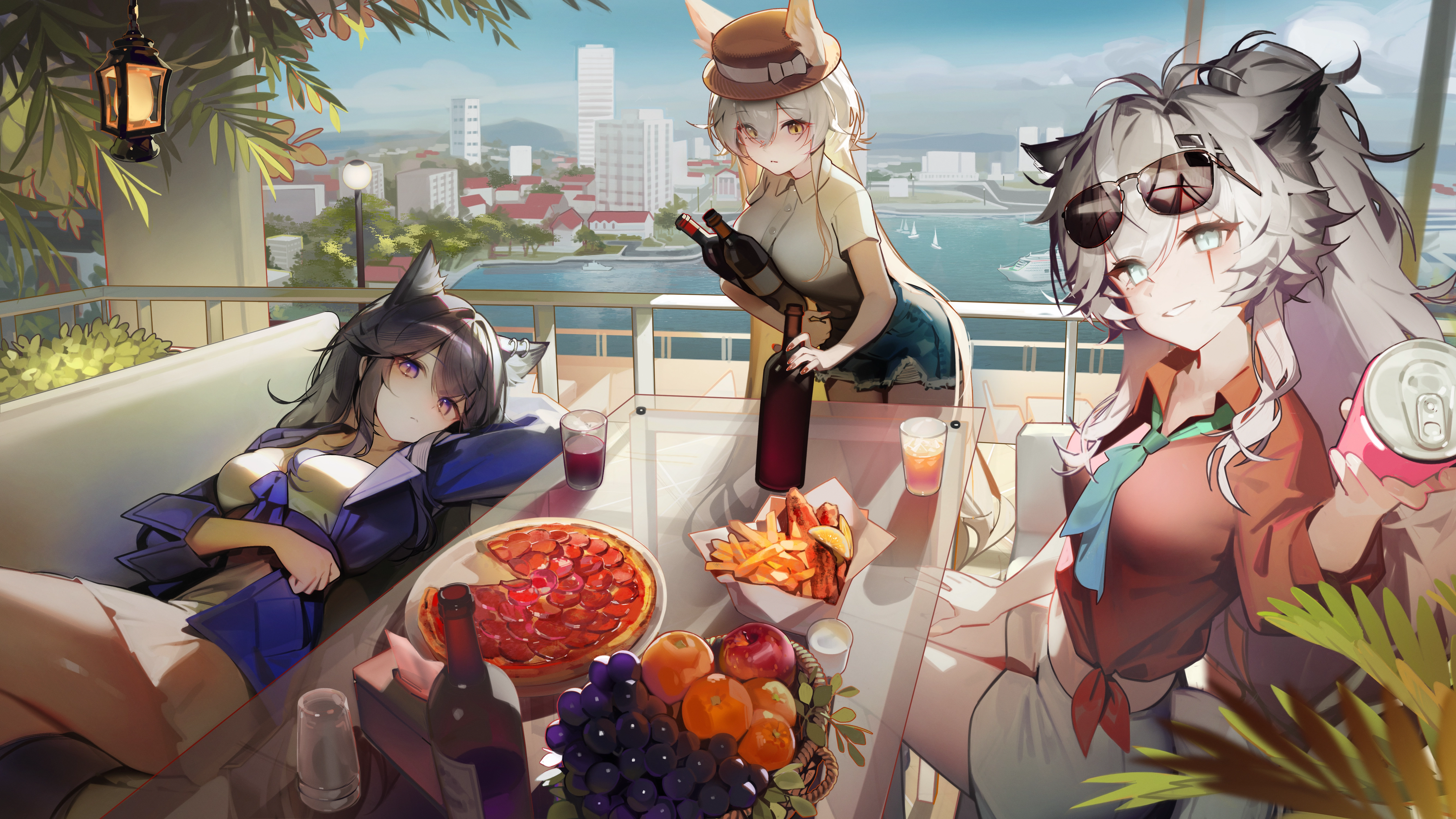 明日方舟 城市 云 沙发 连衣裙 饮料 食物 水果 帽子 披萨 马尾辫 伤疤 衬衫 短裤 天空 打结 水 狼女孩,第1张