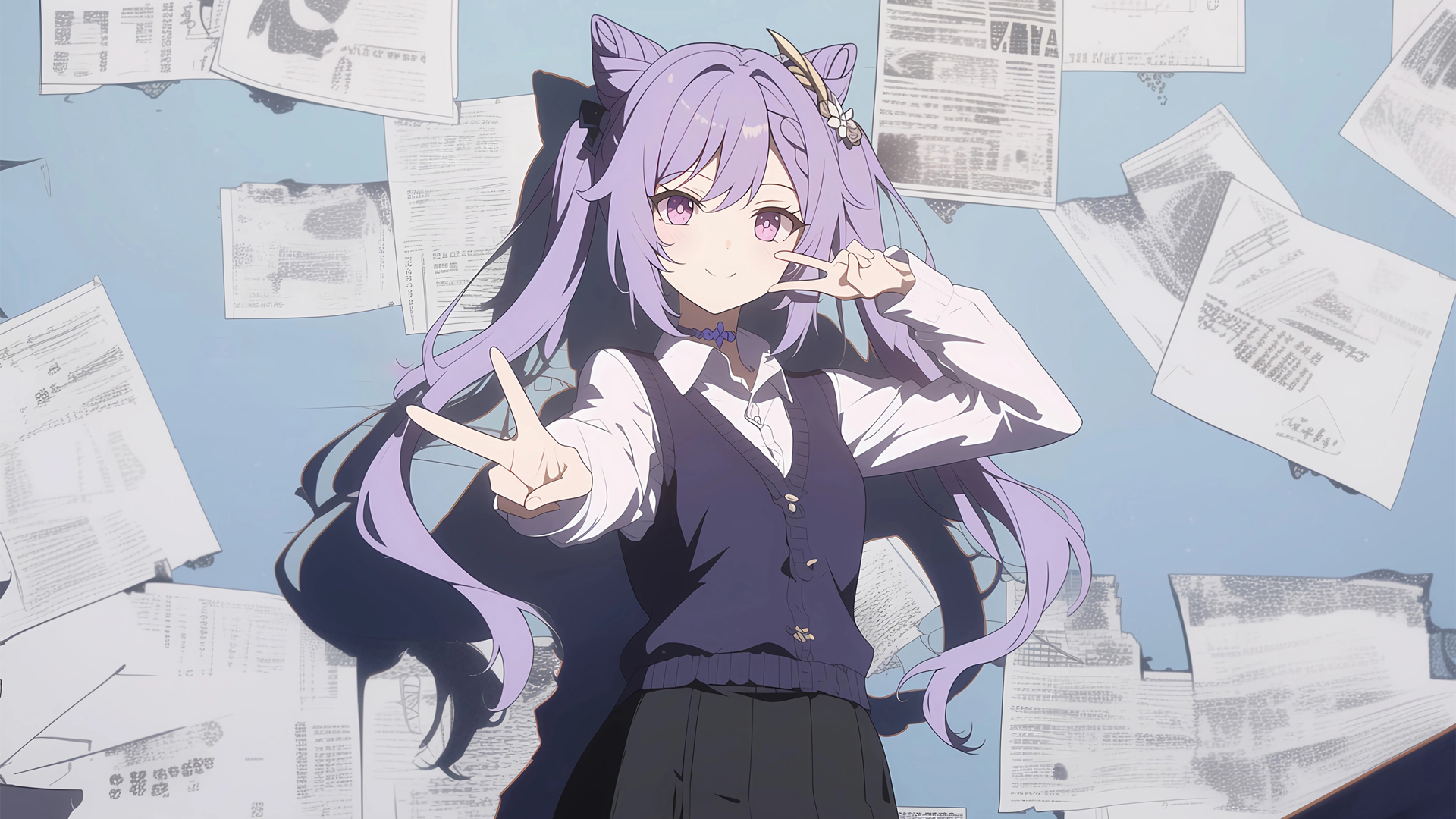 二次元游戏 原神 刻晴 可爱剪刀手势 报纸墙 超高清电脑桌面壁纸,第1张