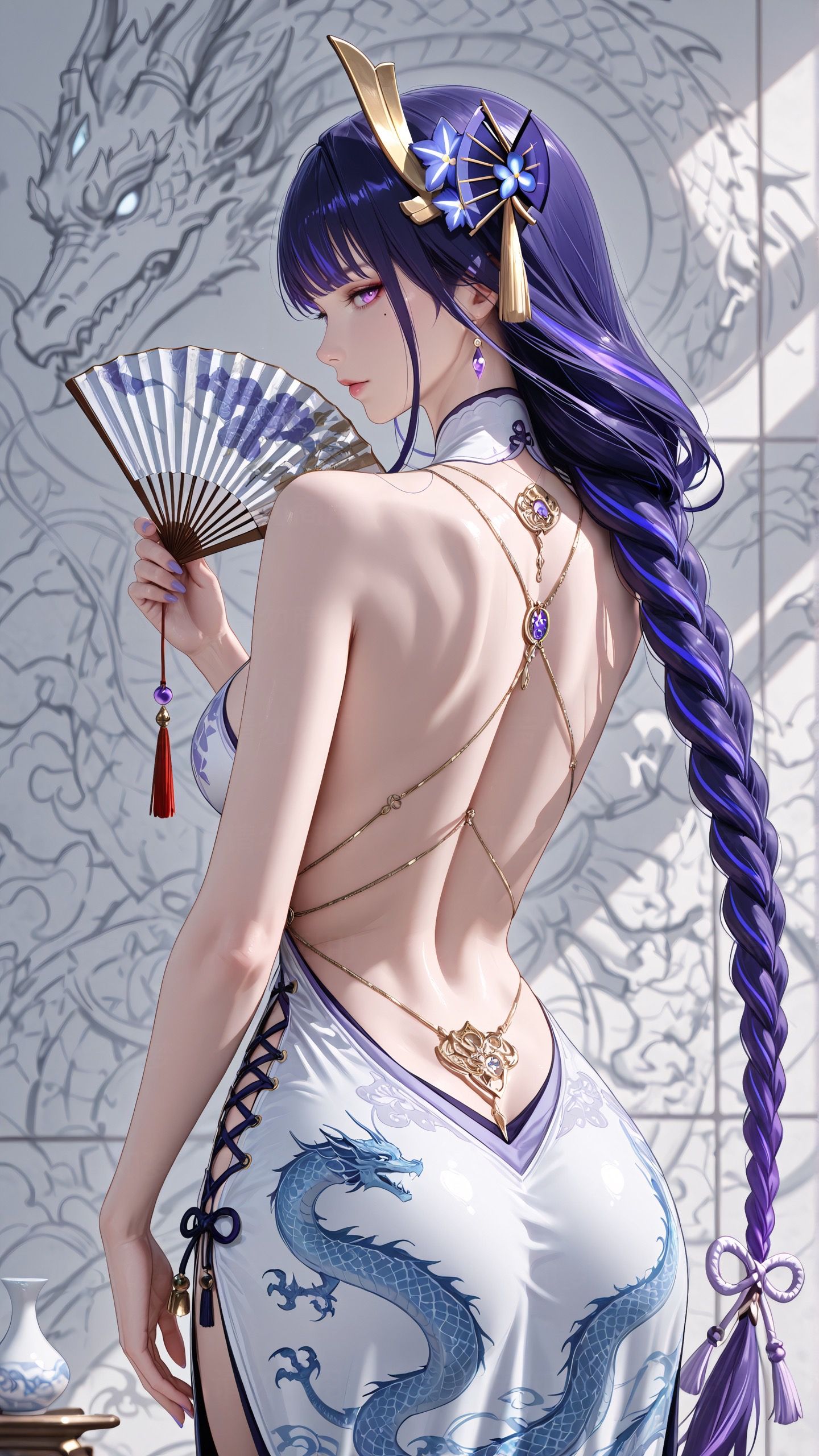 露背 旗袍 原神 国风 二次元 古风 游戏角色Ai绘画 龙,第1张
