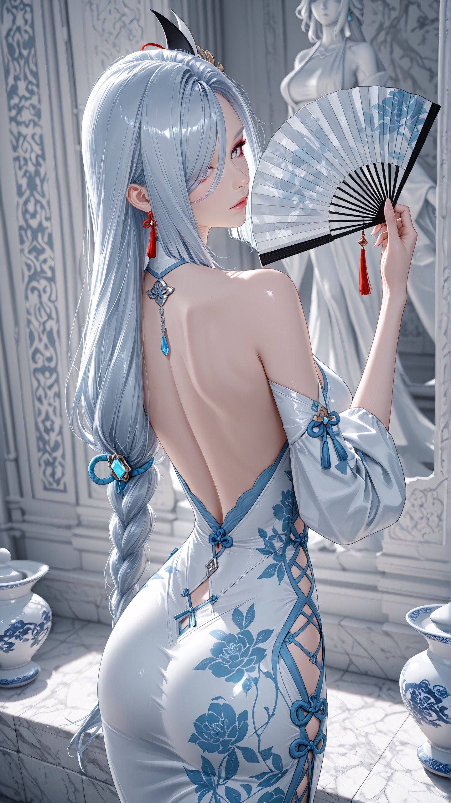 露背 旗袍 原神 国风 二次元 古风 游戏角色Ai绘画 龙,第3张