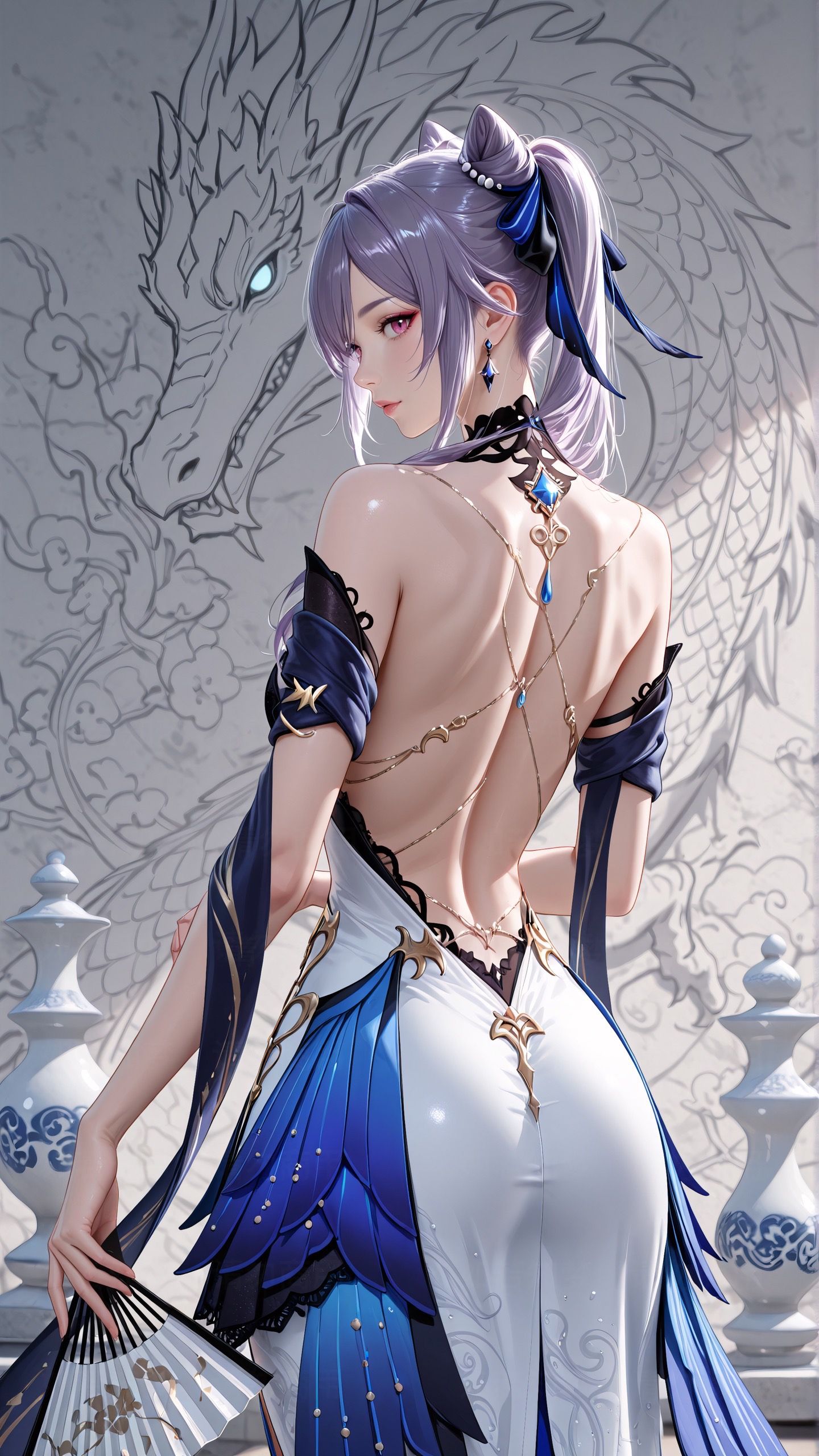 露背 旗袍 原神 国风 二次元 古风 游戏角色Ai绘画 龙,第4张