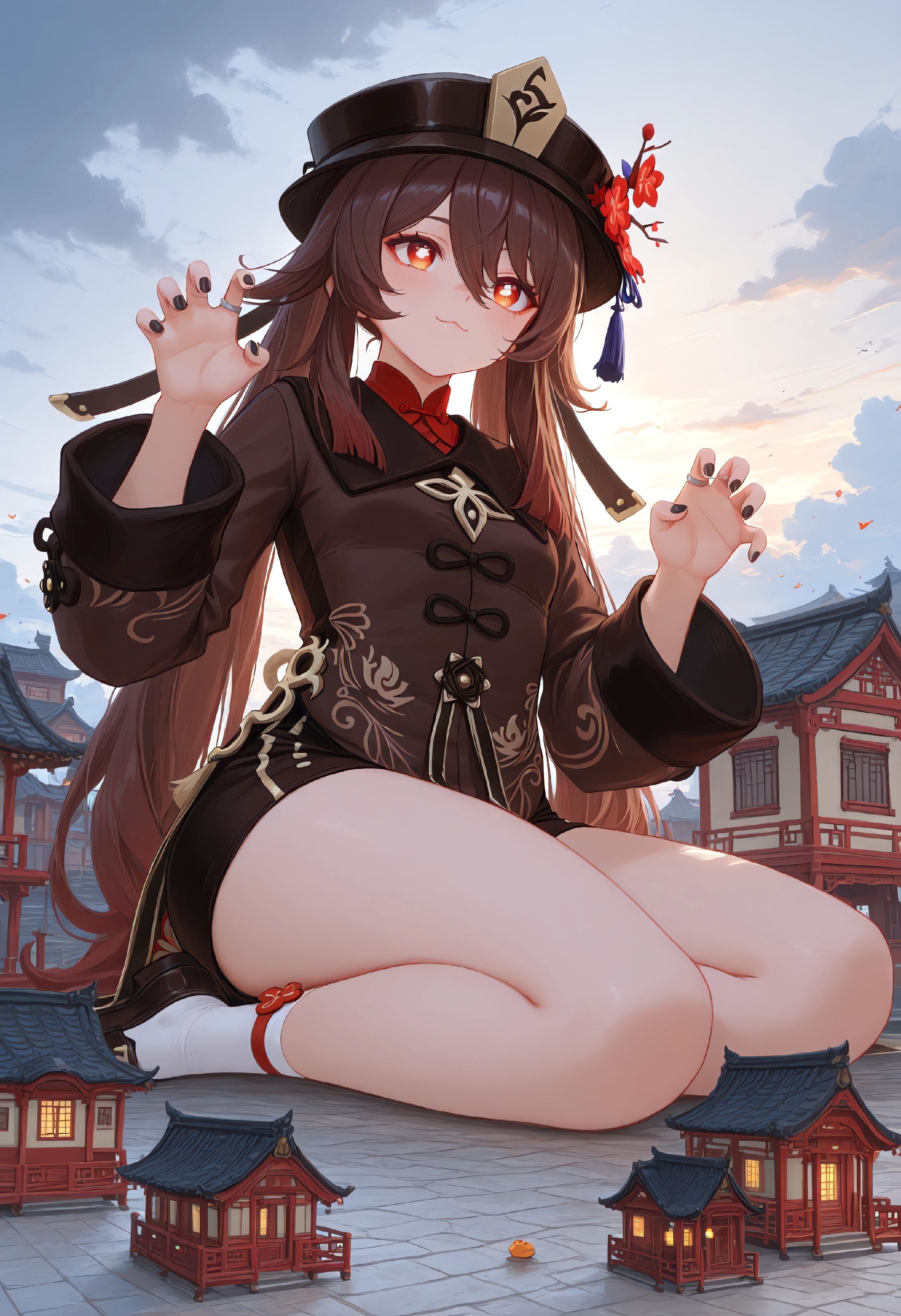 原神巨大娘！胡桃 八重神子 二次元壁纸,第1张