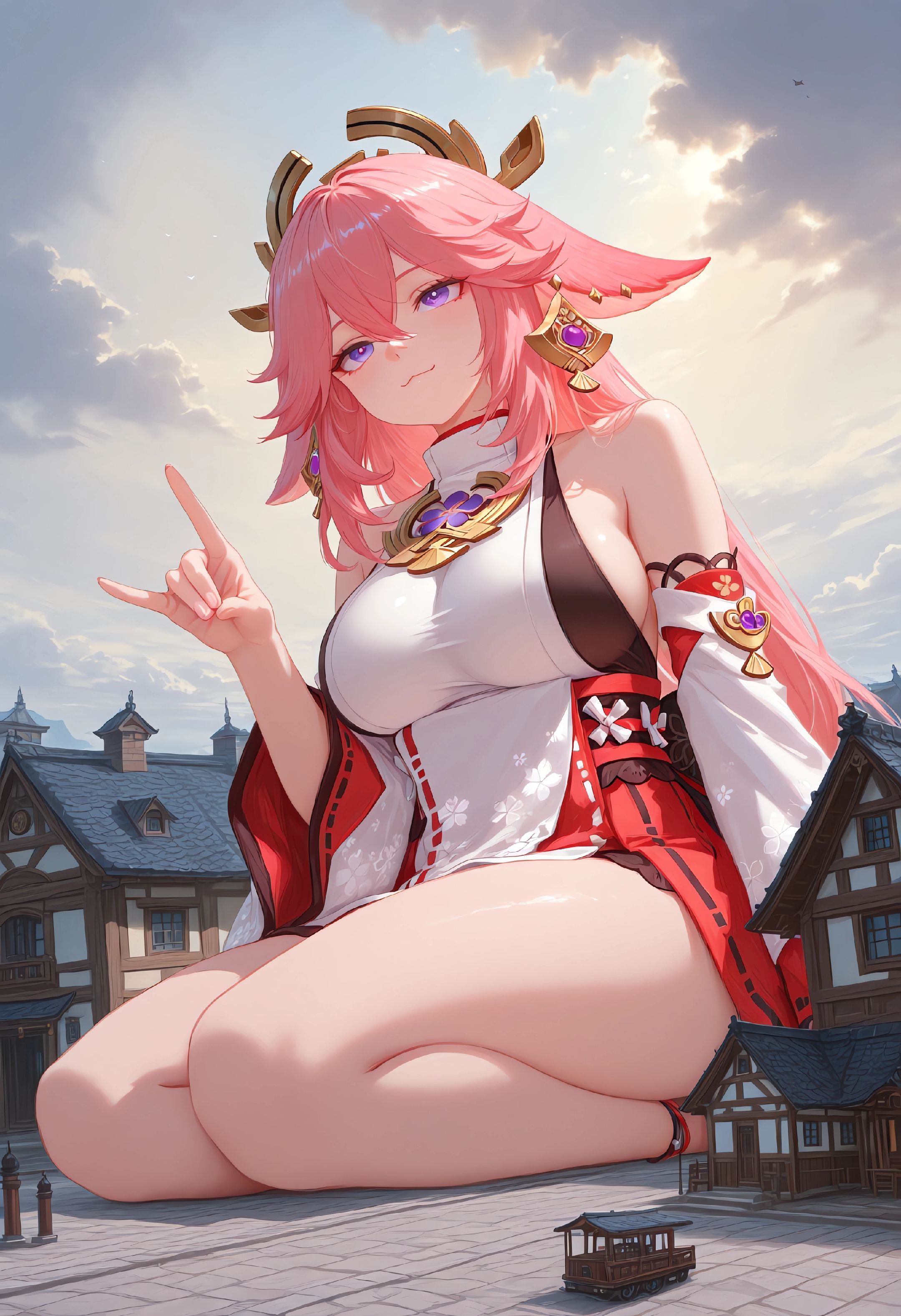 原神巨大娘！胡桃 八重神子 二次元壁纸,第2张