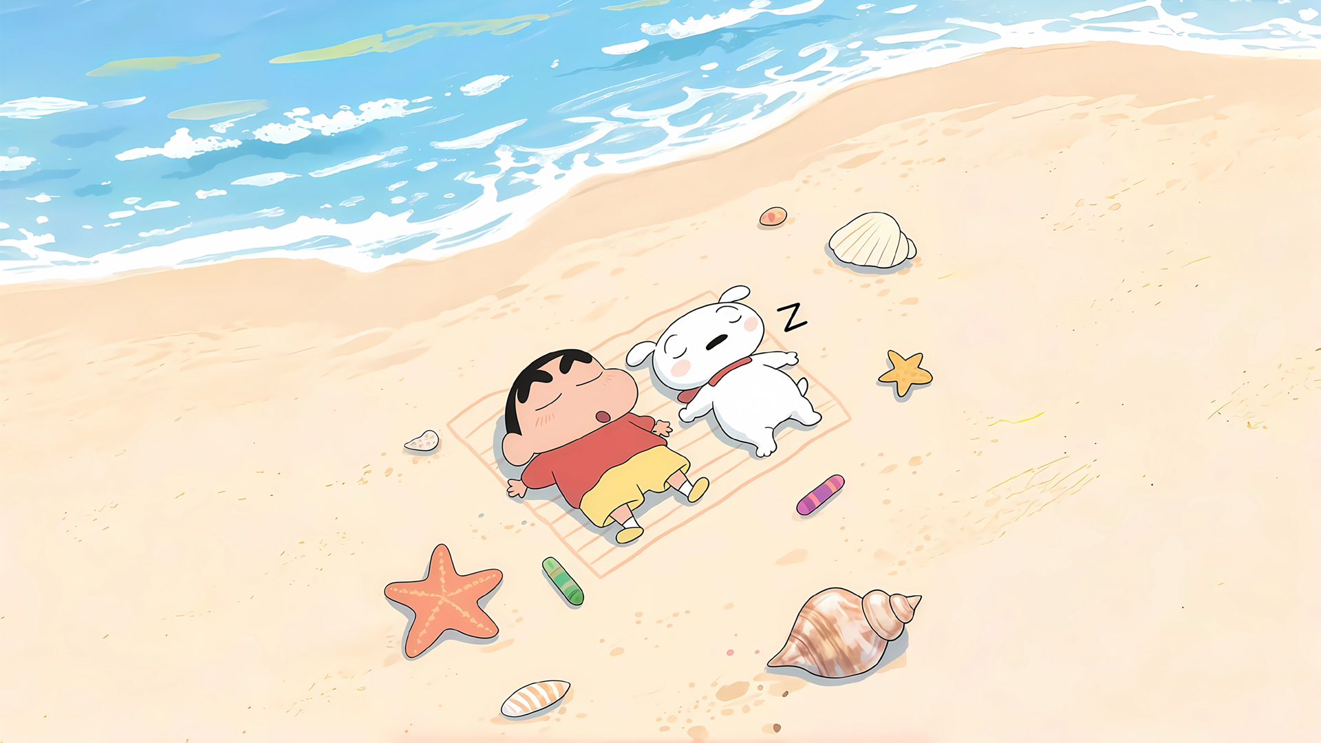 海边 沙滩 蜡笔小新 小狗 贝壳 壁纸电脑桌面,第1张