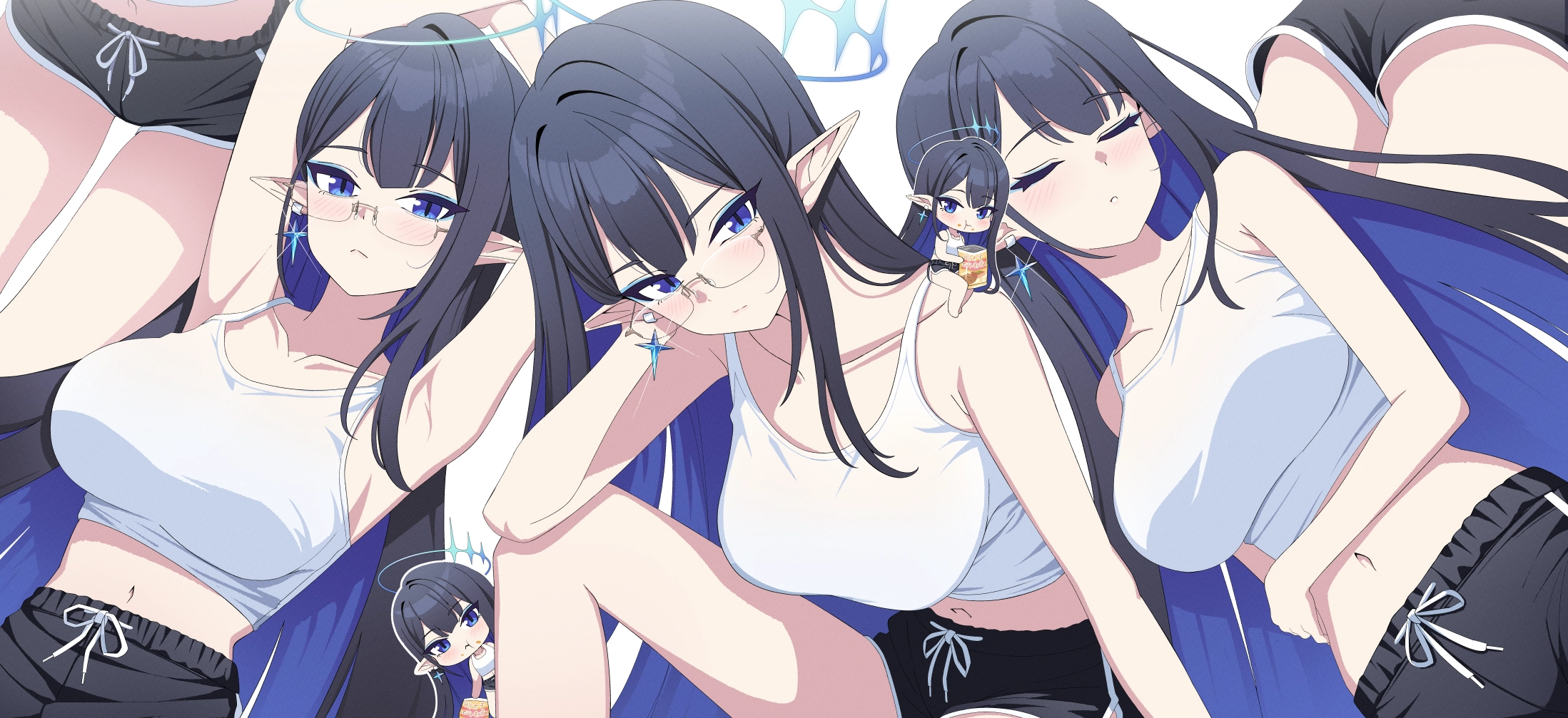 蓝眼睛_脸红_眼镜_光环_长发_莉_肚脐_尖耳朵_短裤_睡觉,第1张