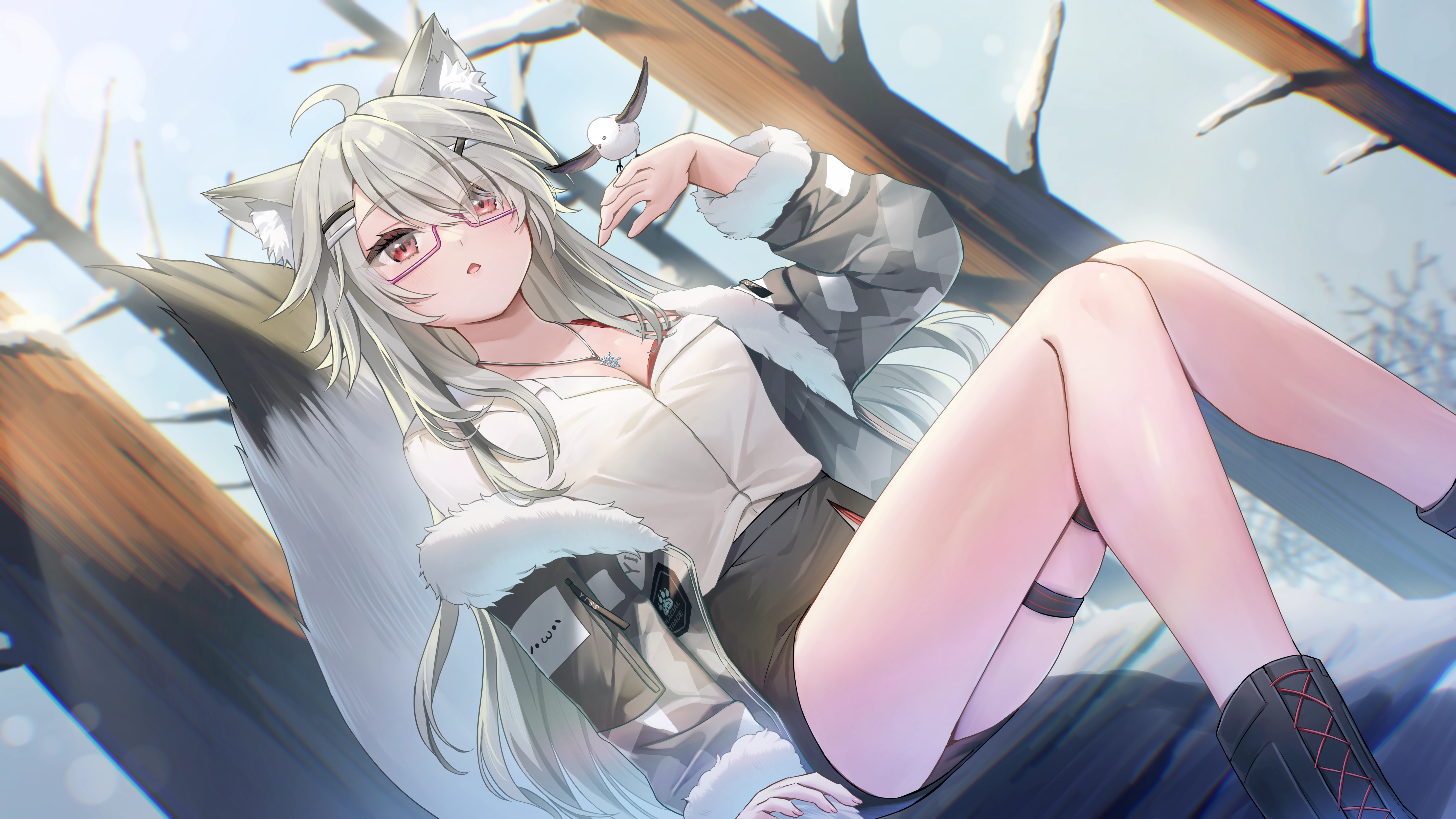 动物耳朵_鸟_脸红_靴子 吊袜带_眼镜_灰色_头发_长发_项链_红_眼睛_兰运_衬衫_裙子_雪_尾巴_,第1张