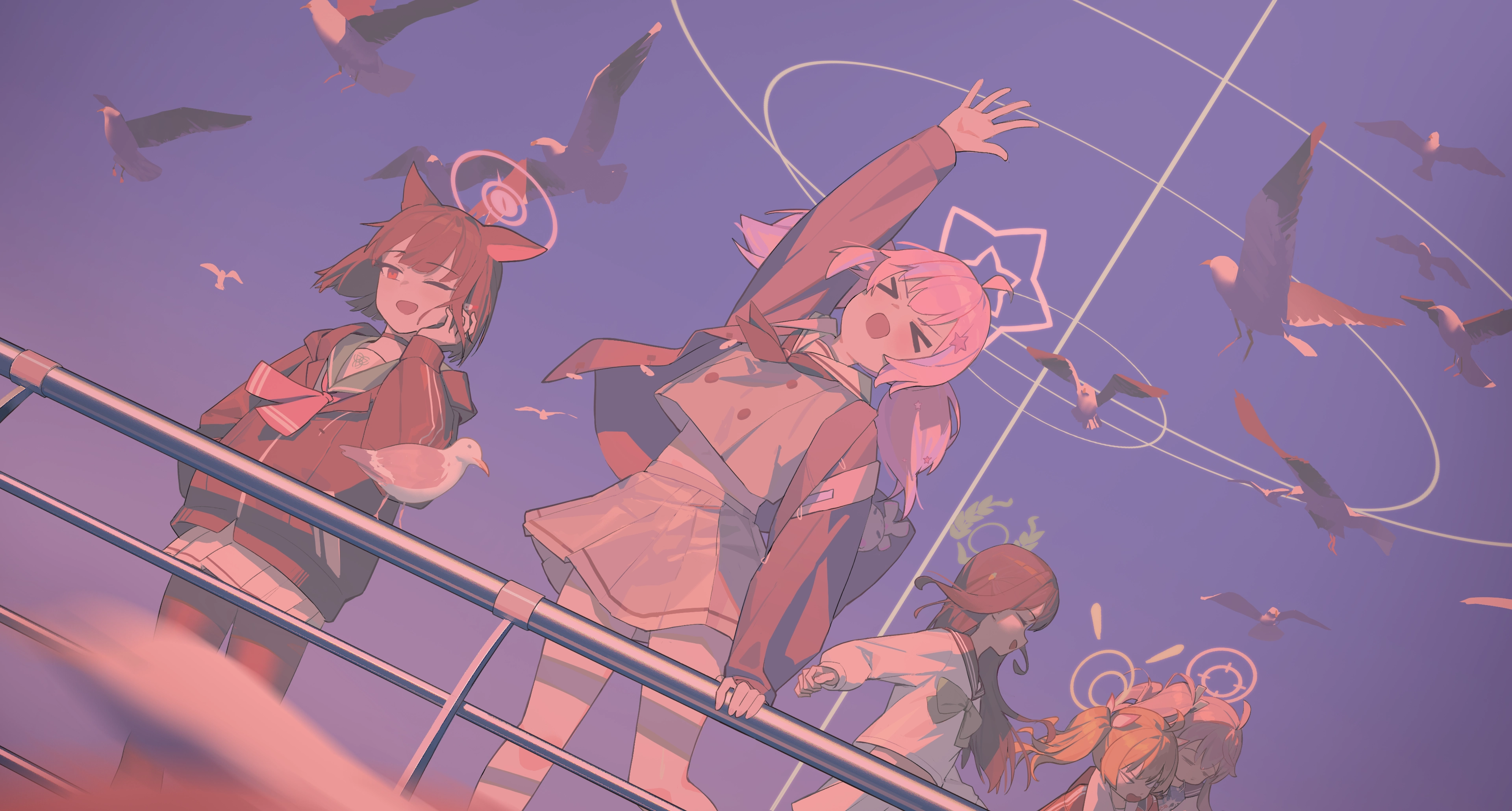 动物_鸟类_黑发_猫耳_项圈_喝_灰发_群组_光环_兜帽_连裤袜_粉发_红眼_短发_裙子_天空_日落_双马尾,第1张