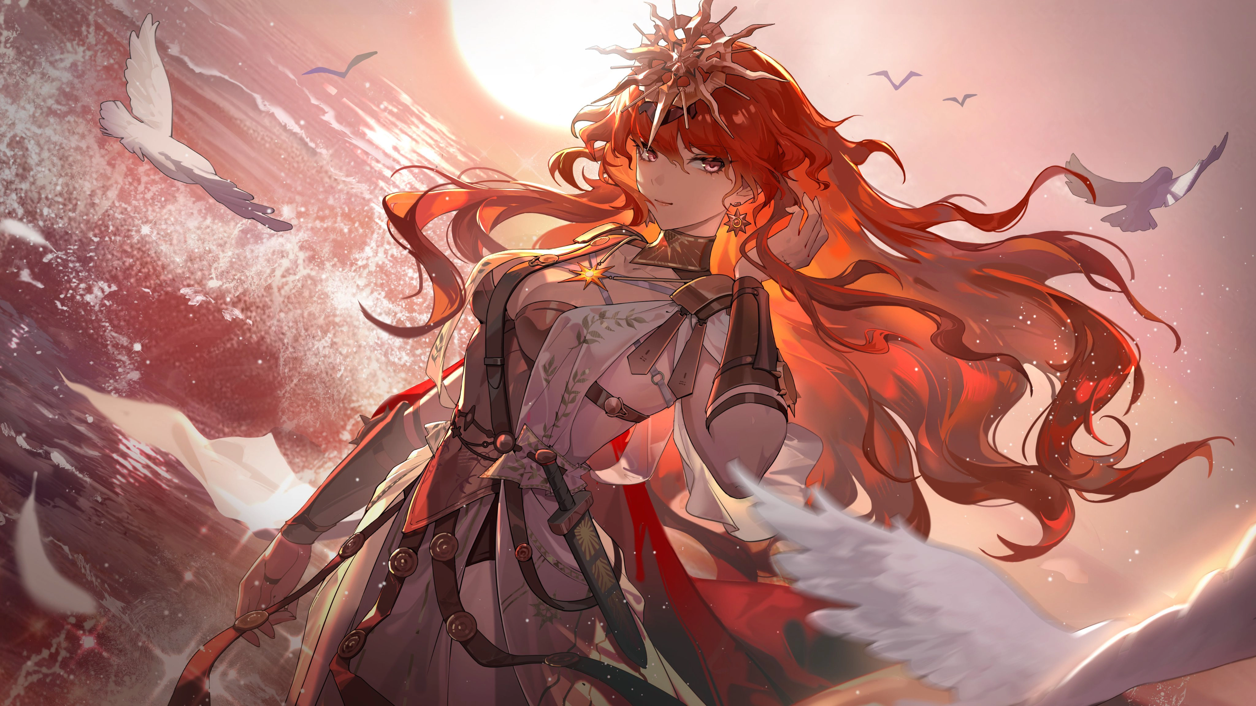 头饰 红眼睛 红头发 日落 水 咆哮的海浪,第1张