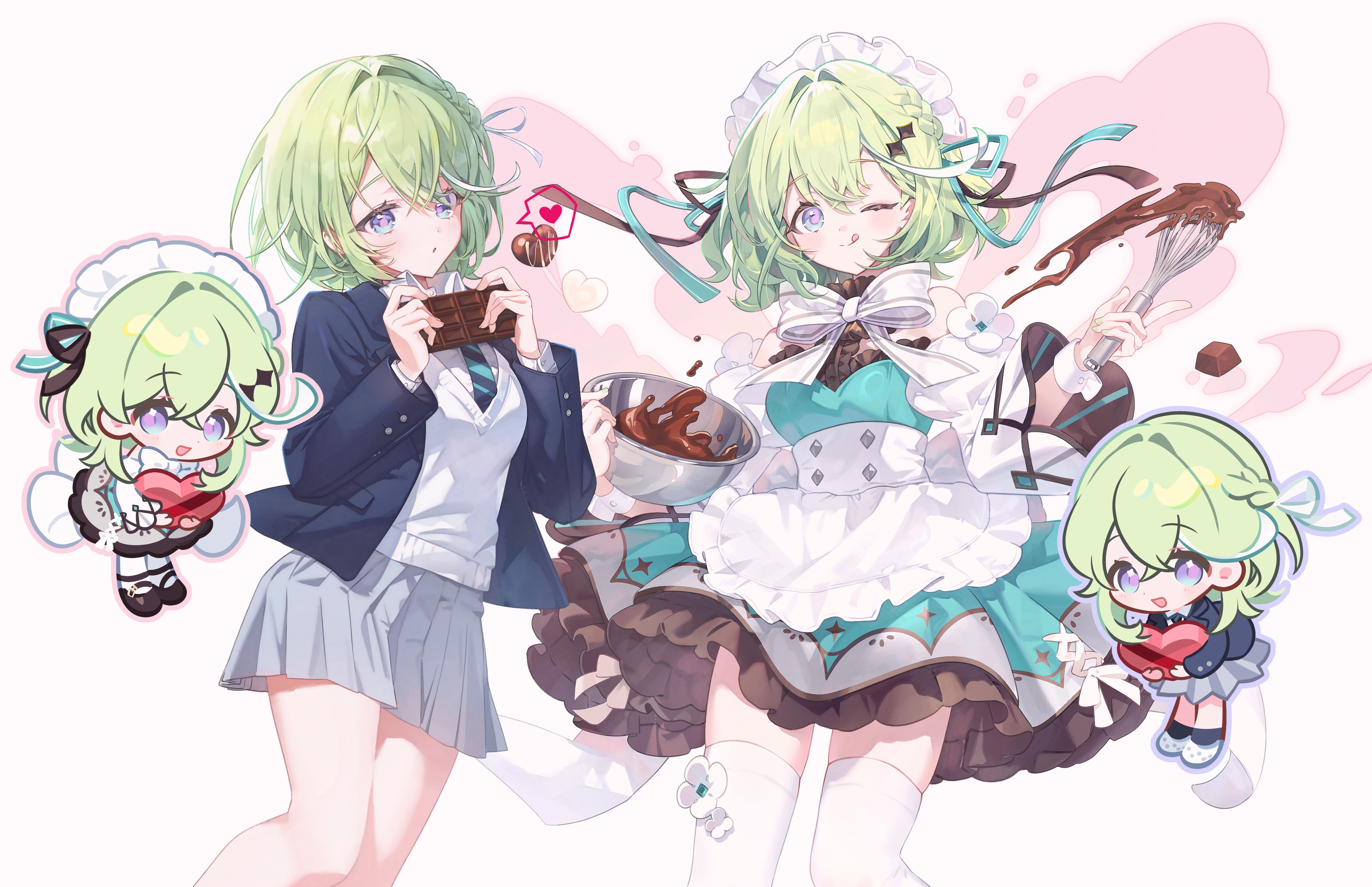 围裙_腮红_蝴蝶结_辫子_糖果_巧克力_连衣裙_头饰_心形_女仆_穆内尔_丝带_衬衫_短发_裙子_斯特拉维_过膝袜_领带_白色_眨眼_,第1张