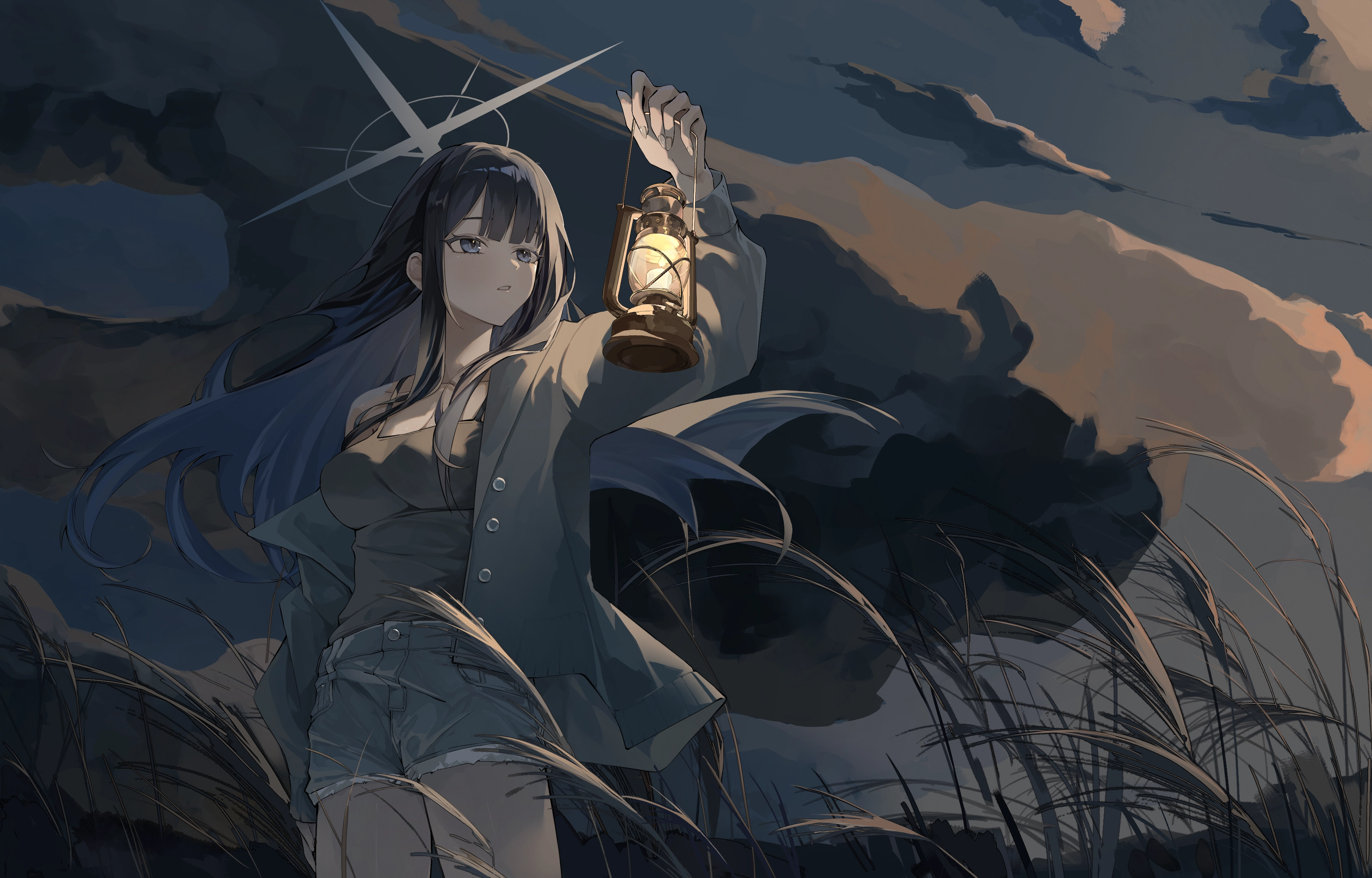 黑发蓝档案蓝眼睛脸红云暗黑戴维德戴维草光环乔麻生纱荣长发衬衫短裤天空,第1张