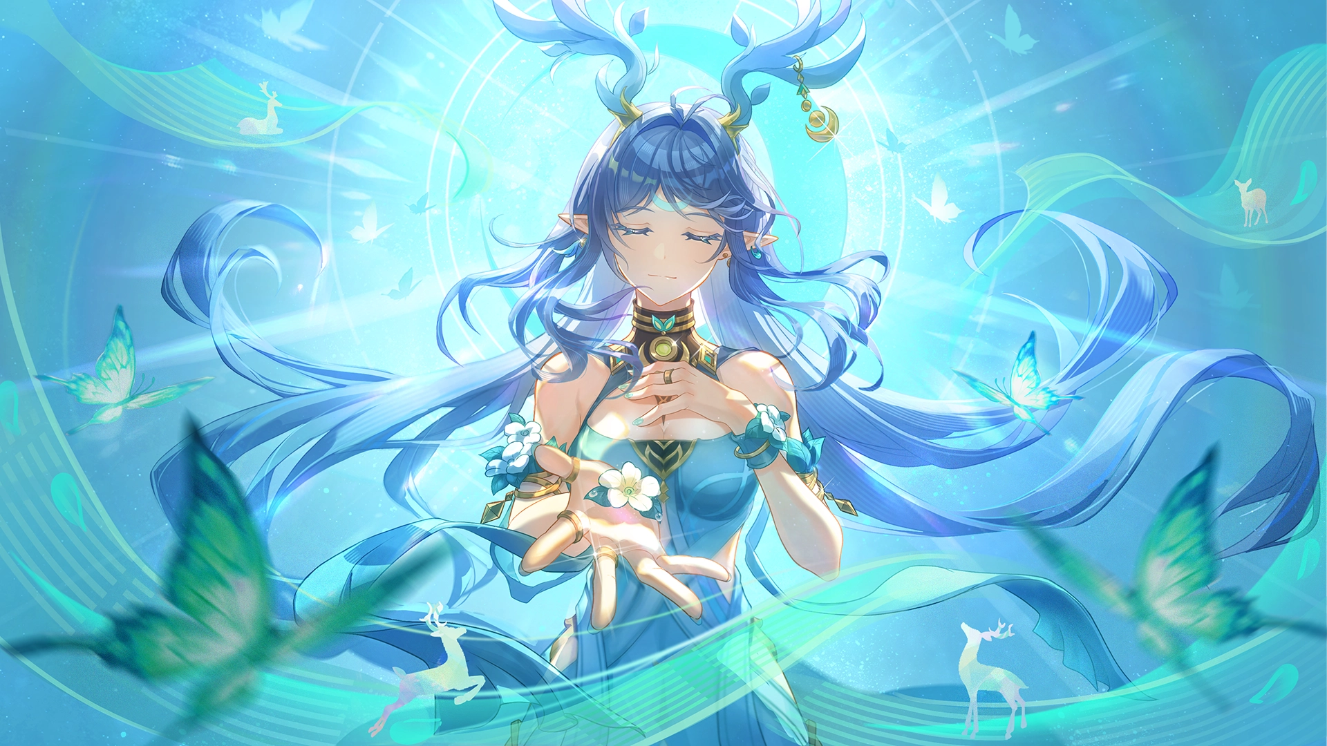 蓝蓝头发蝴蝶裙角羊 原神 长发魔法尖耳朵腕带,第1张