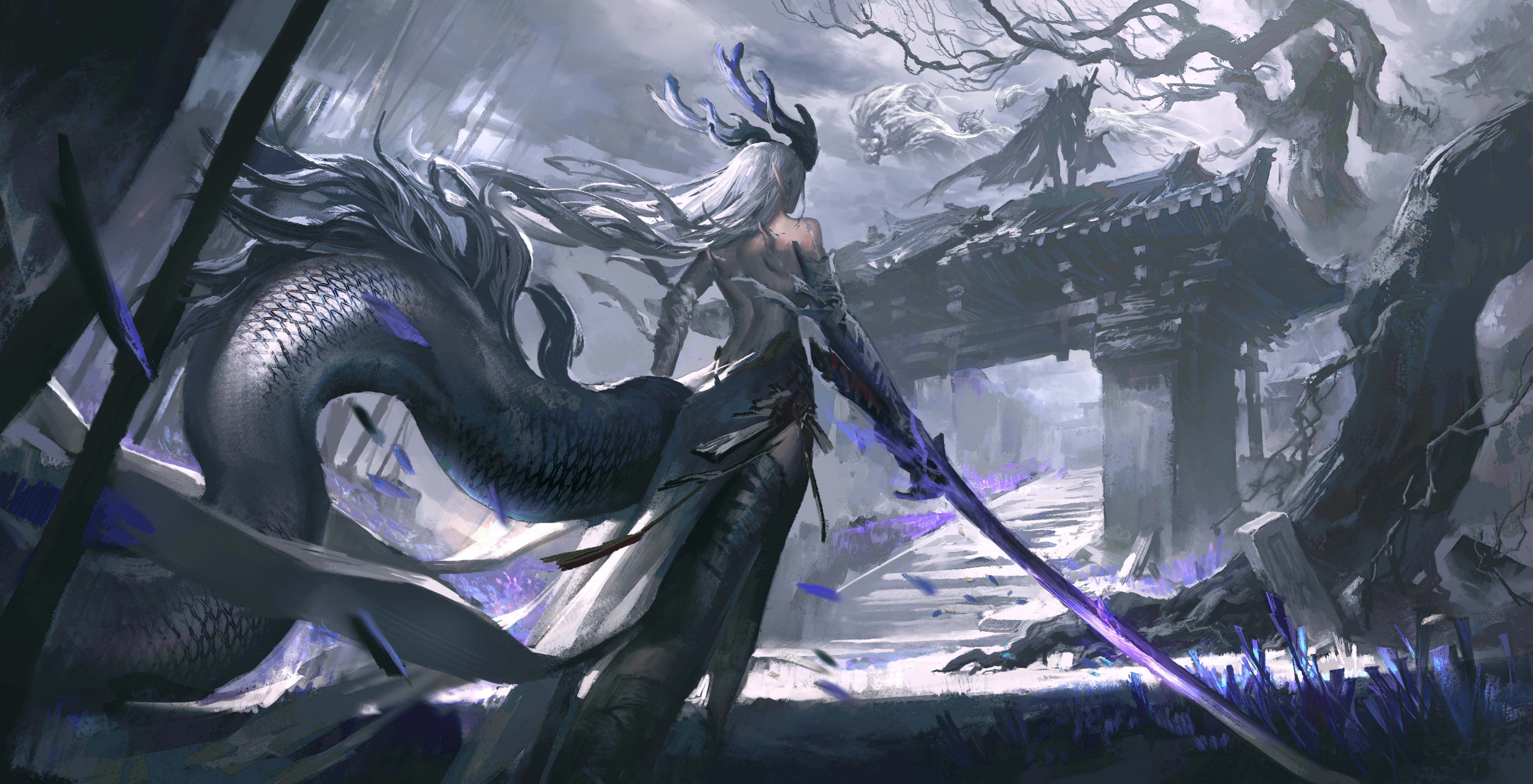 绷带 连衣 灰发 长发 多色 骷髅 楼梯 剑 尾巴 树 武器,第1张