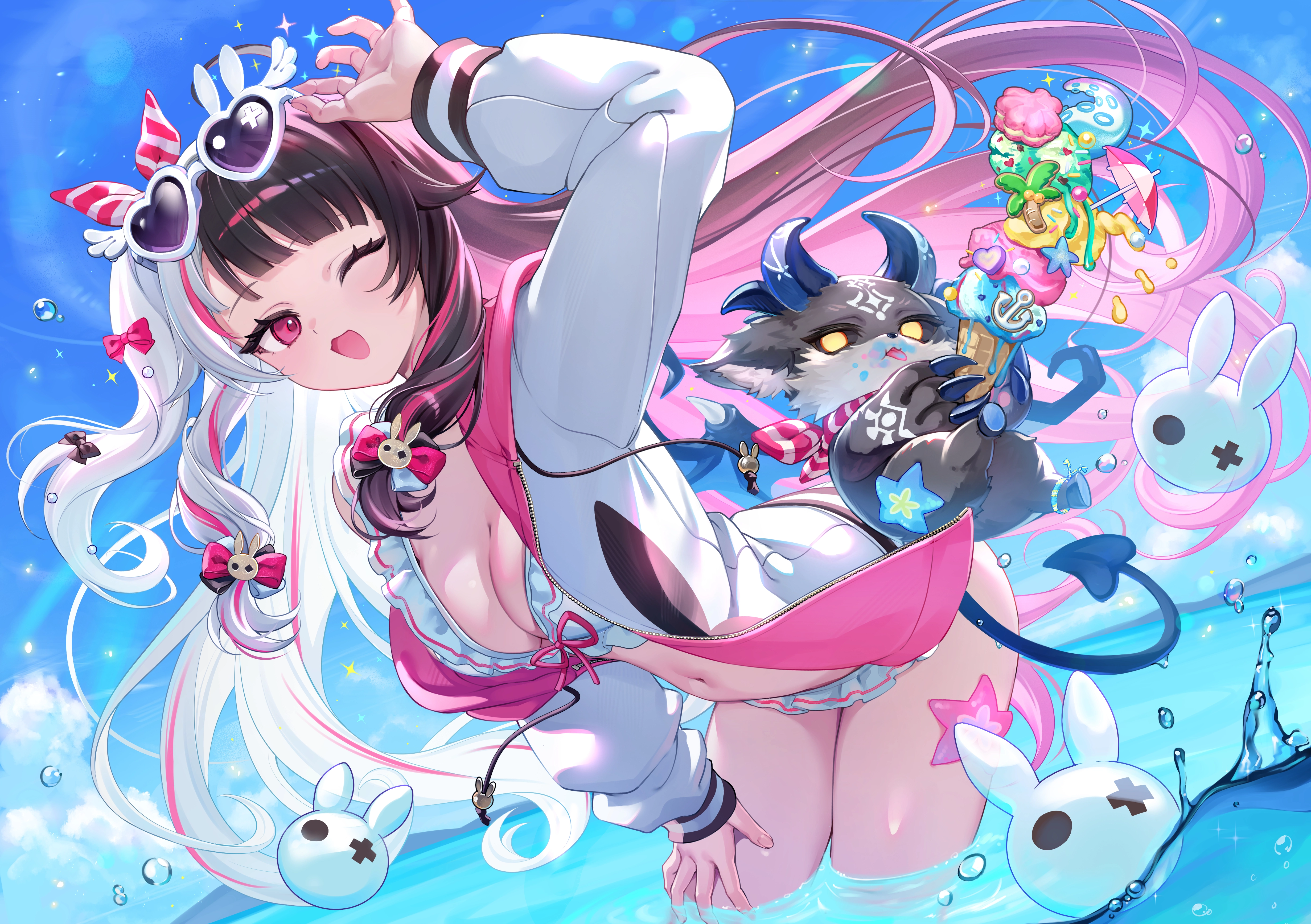 比基尼 兔子 猫 微笑 恶魔 食物 兜帽 角 冰淇淋 长发 肚脐 粉红 眼睛 围巾 天空 泳衣水,第1张