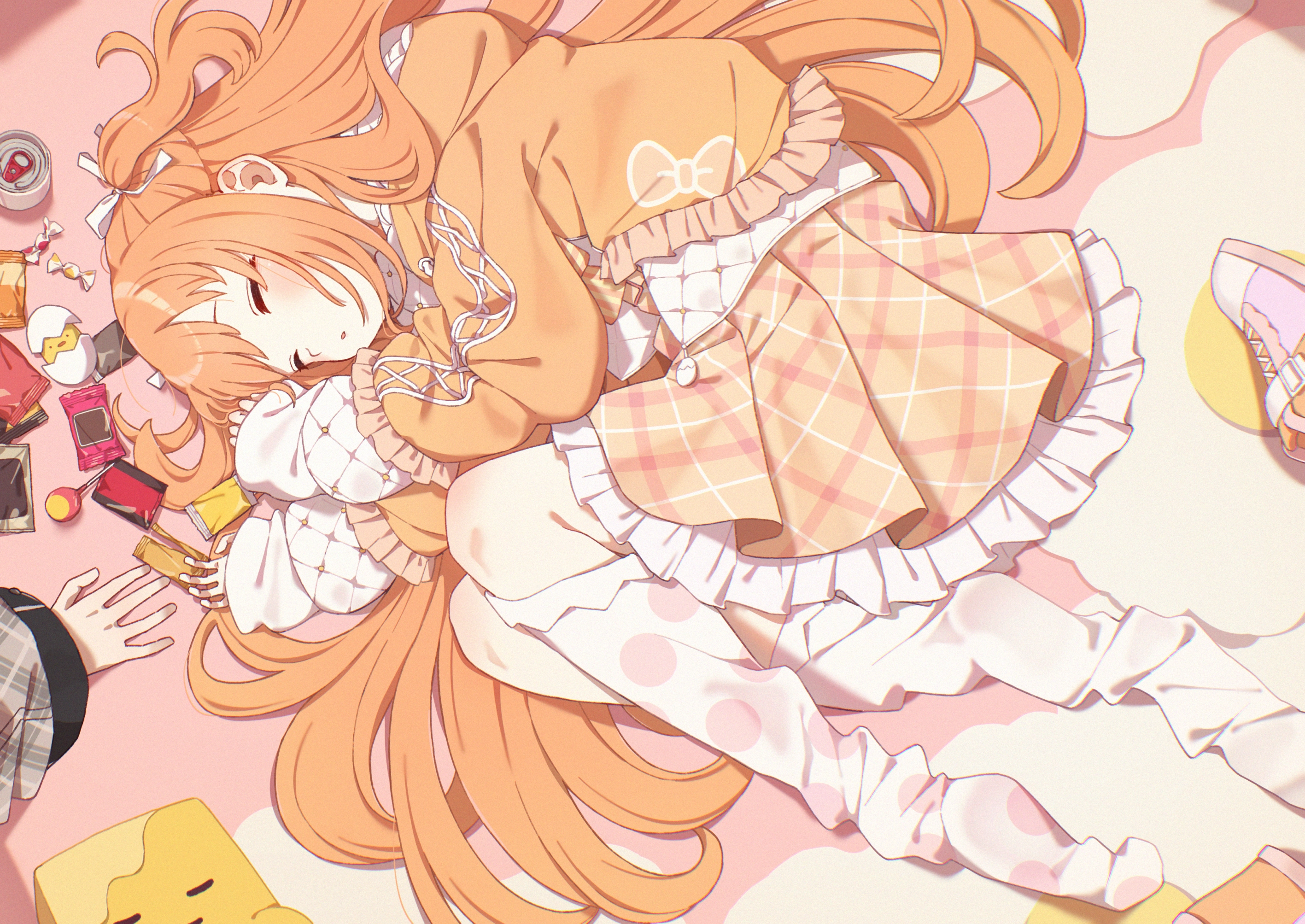 脸红 糖果裙 饮料 兜帽 雾茶 玉子 萝莉 棒棒糖 长发 糯米团子 橙发 睡觉 双马尾,第1张